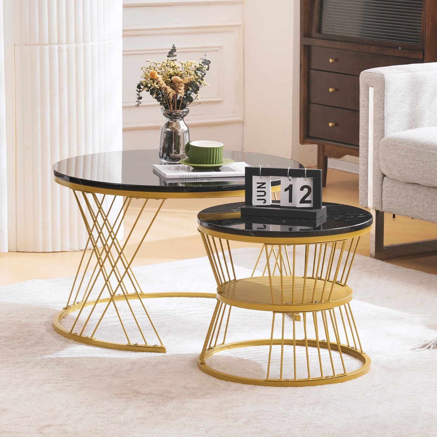 autolock Couchtisch Moderne Nesting Couchtisch, Hochglanz Couchtisch Satz,Satz von 2, Marmor Furnier Sofa Seite Nest von Tischen Runde Endtische,Golden