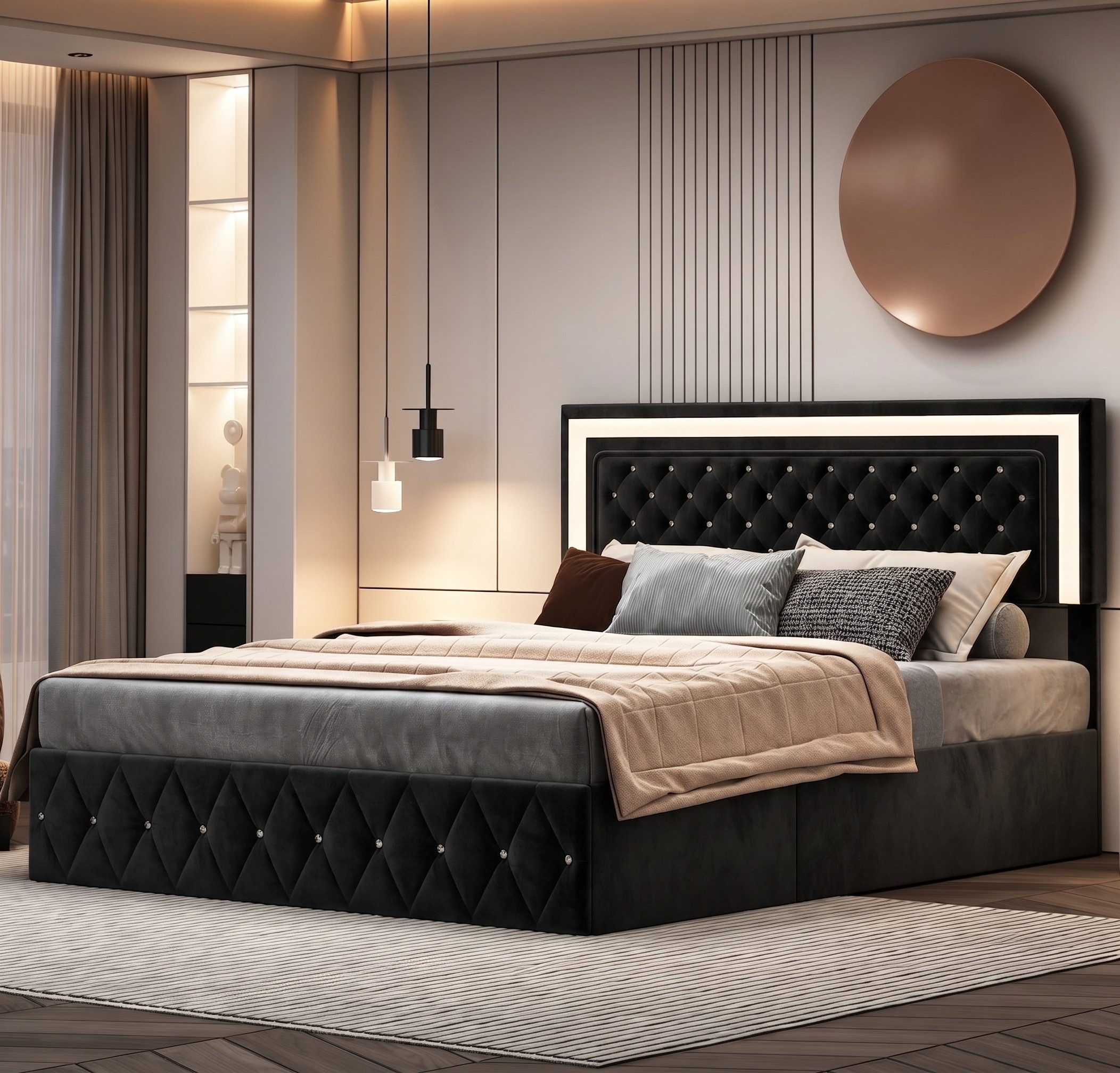 Simurq Polsterbett Bett 160x200 cm mit Höhenverstellbares Kopfteil (Verstellbares LED, in 2 Farben verfügbar,Samtstoff), Jugendbett …