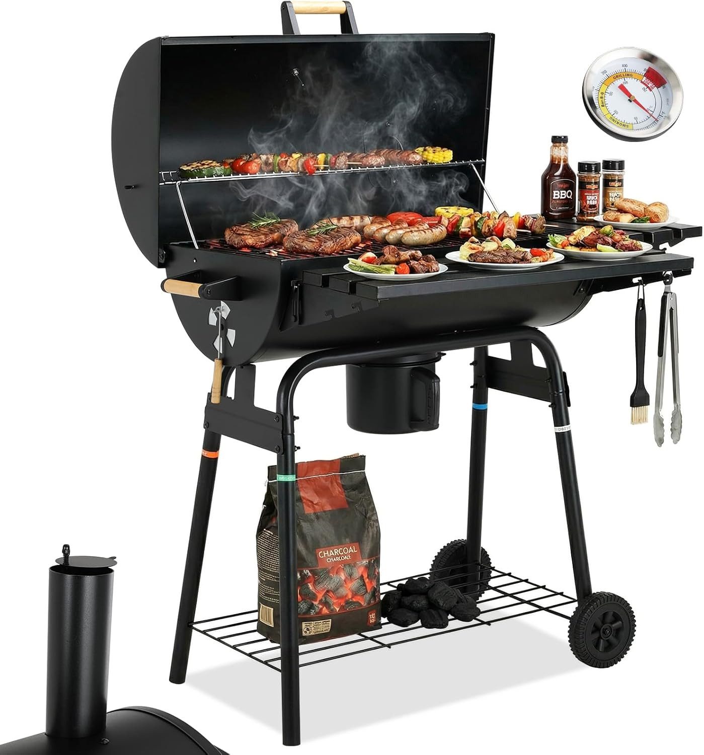 TLGREEN Holzkohlegrill BBQ Smoker mit Schornstein & Thermometer, Gartengrill mit abnehmbarem Aschekasten, klappbaren Ablagen und Rädern, Grillwagen, Holzkohle Grill für Garten, Terrasse, Camping, Grillpartys für 6–8 Personen