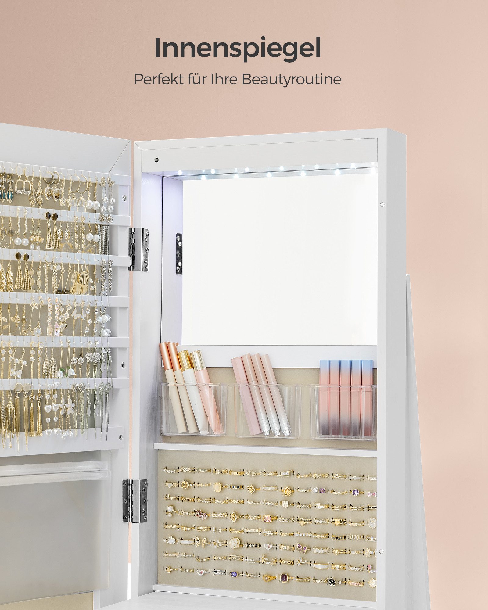 SONGMICS Schmuckschrank mit LED und Spiegel, 3 Ablagen, 360° drehbar, weiß