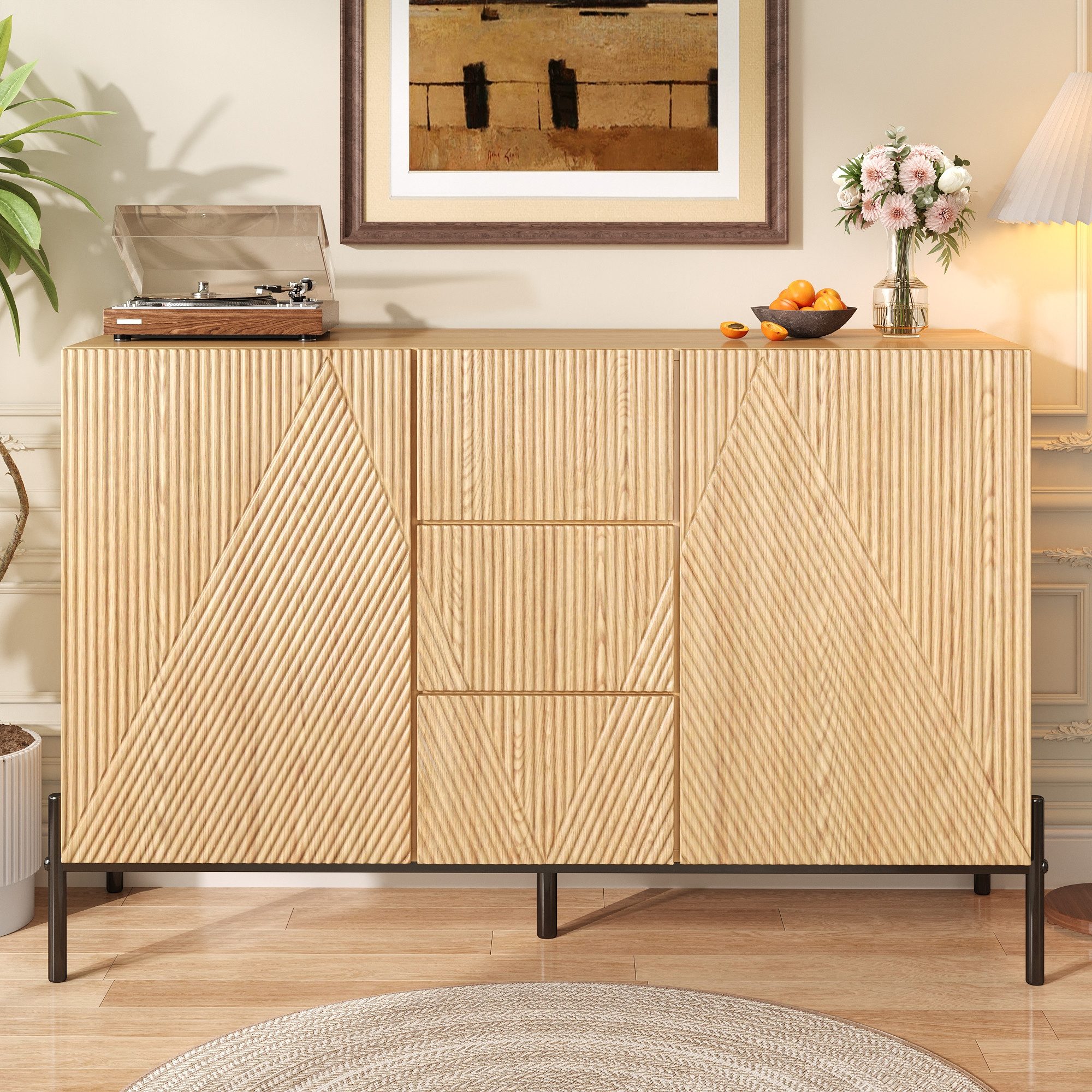 OKWISH Sideboard 115,5x76x40 cm aus MDF mit 2 Türen & Schublade (Packung, 2 St., mit großer StauraumModernes Sideboard mit geometrischer Struktur), Multifunktionaler Schrank für Wohn-/Esszimmer