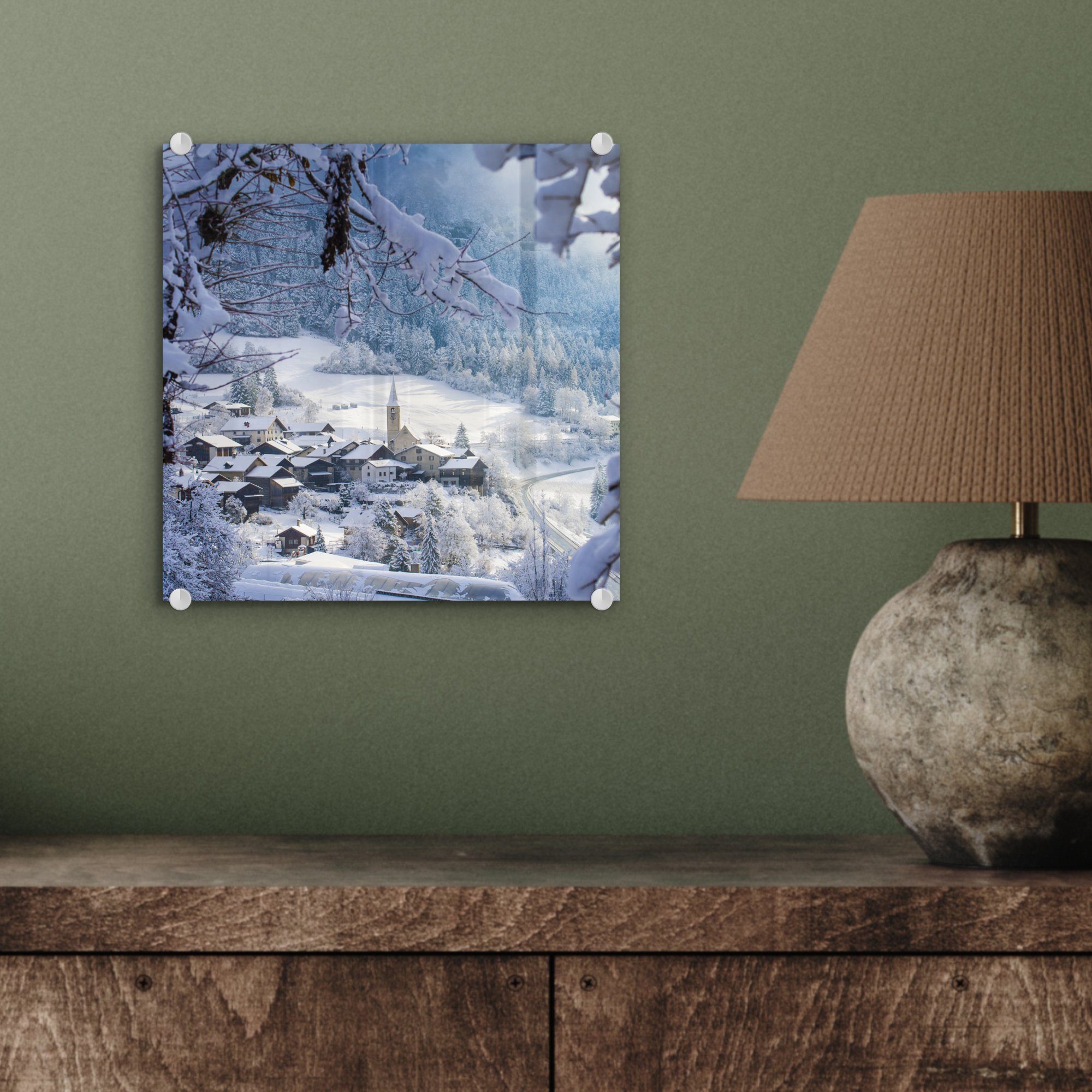 Glasbilder auf Glas St), - Glas - Wanddekoration auf Dorf, MuchoWow - Alpen Bilder - Acrylglasbild Foto (1 - Wandbild Schnee