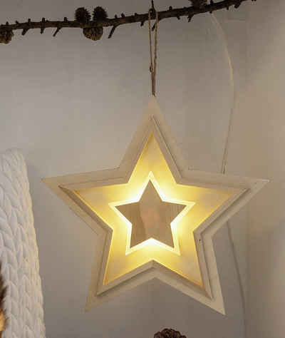 Dekoleidenschaft Dekohänger "Stern in Stern" aus Holz mit LED Beleuchtung, Weihnachtsstern, Weihnachtsdeko, Fensterdeko, Hängedeko, Leuchtdeko, Leuchtstern