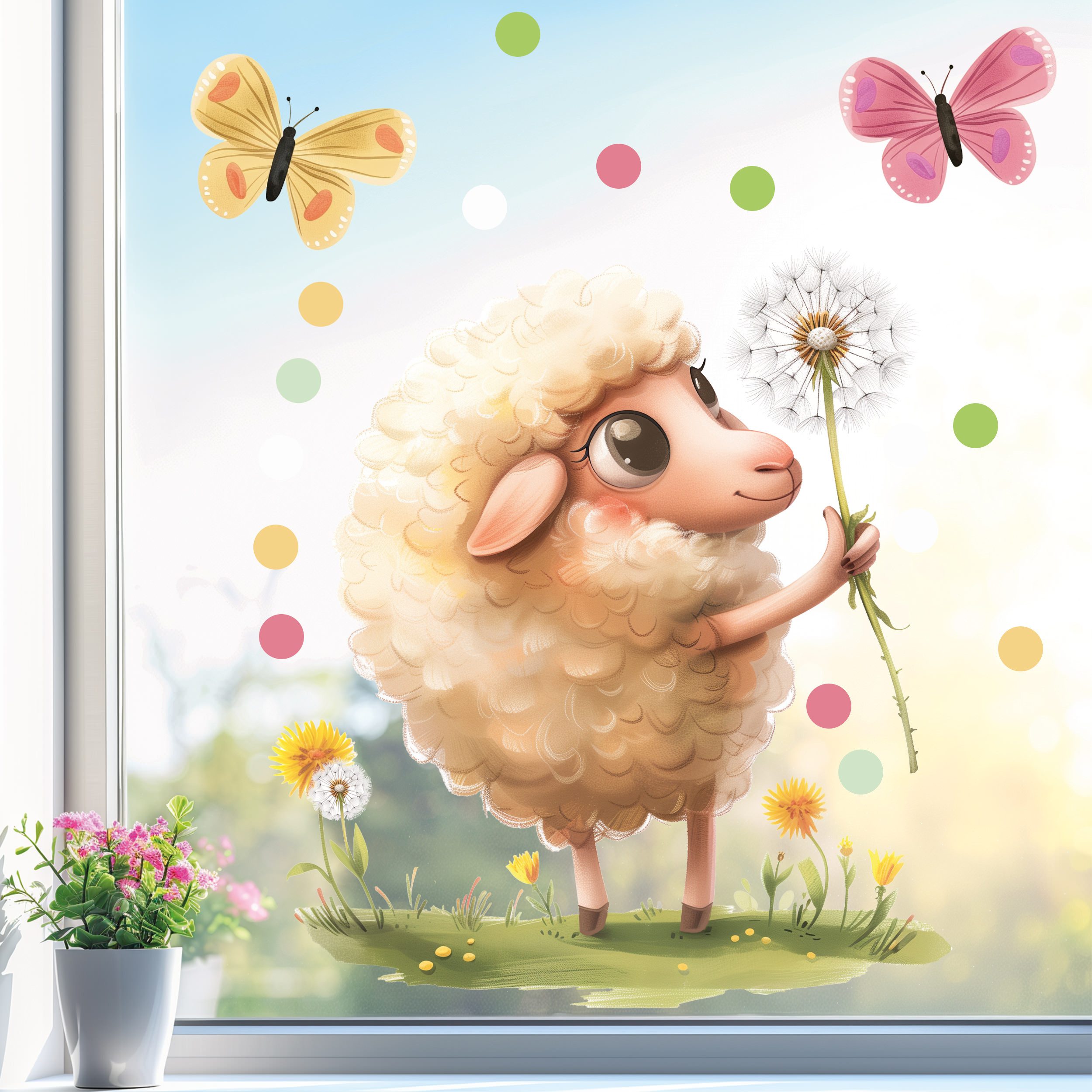 Sunnywall Fensterdekoration wiederverwendbares Fensterbild Niedliches Schaf mitPusteblume, wiederverwendbar, statisch haftend, beidseitiger Druck