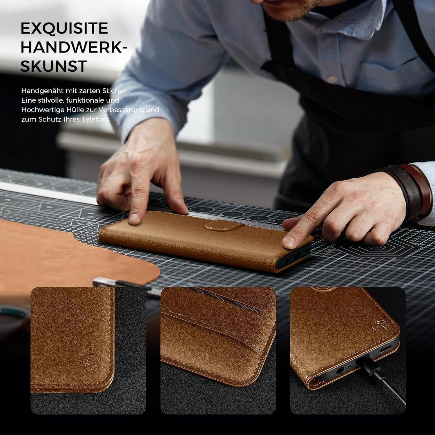 LuxusKollektion Flip Case Handyhülle für iPhone 14 Lederhülle mit Panzer Schutz Glas Braun