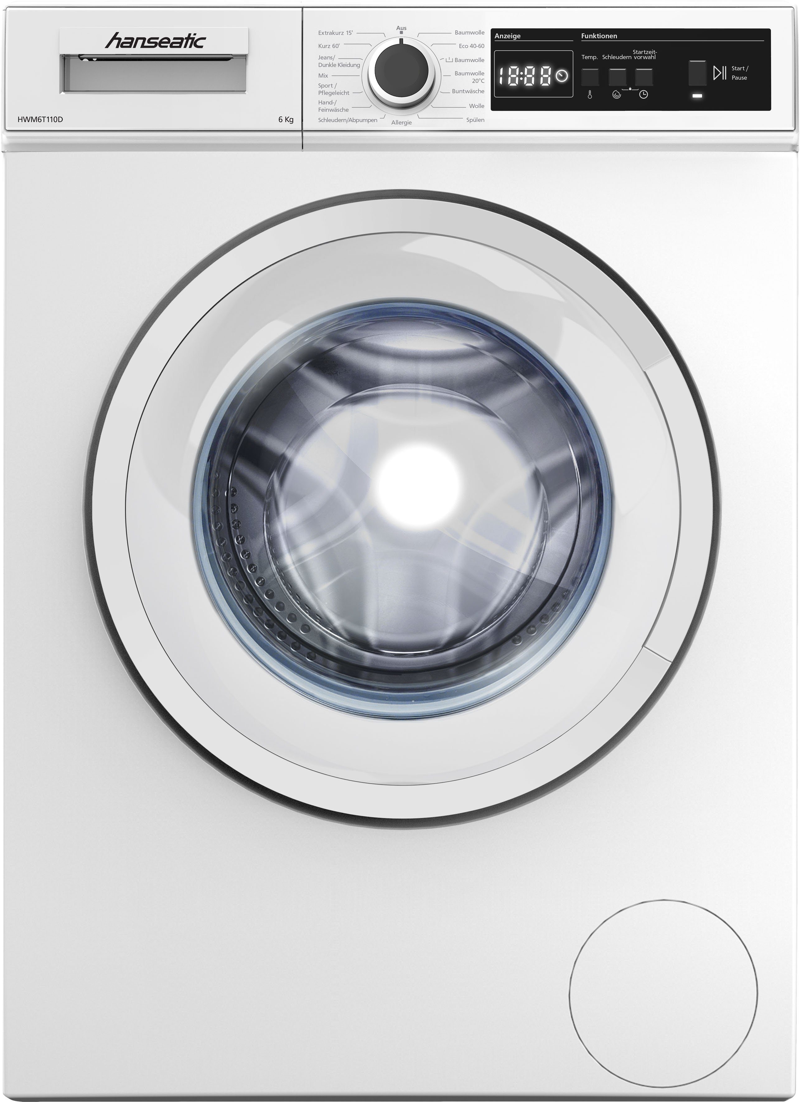Hanseatic Waschmaschine HWM6T110D, 6 kg, 1000 U/min, Dynamische Mengenautomatik, Allergieprogramm, Überlaufschutzsystem