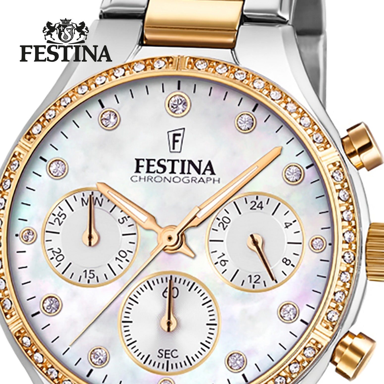 Festina Chronograph Festina Damen Uhr F20402/1 Edelstahl, (Chronograph), Damen Armbanduhr rund, Edelstahlarmband silber, gold