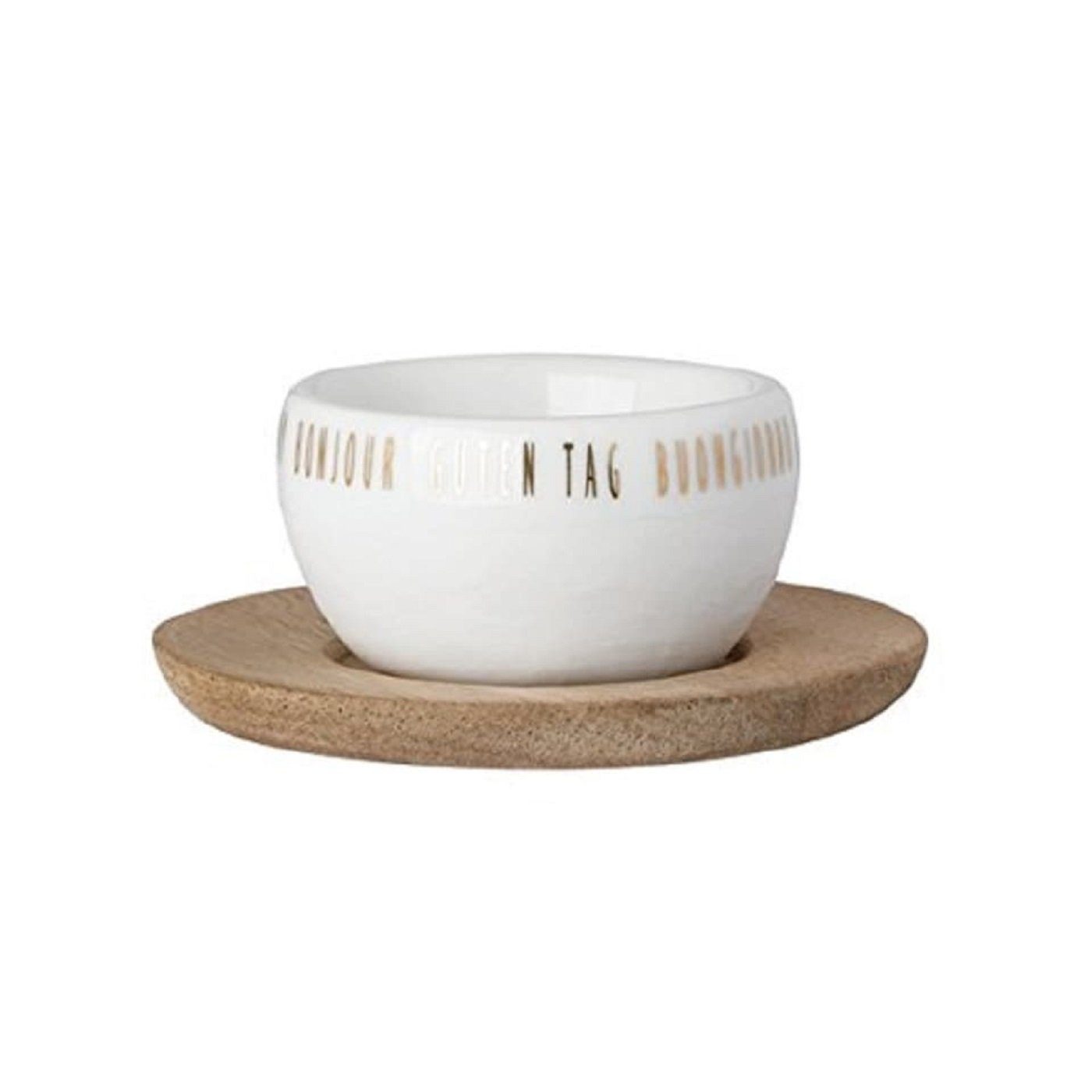Räder Design Подставки для яиц Подставки для яиц "Guten Tag" aus Porzellan, (2-Teilig, 2-tlg), Mit Unterteller aus Akazienholz