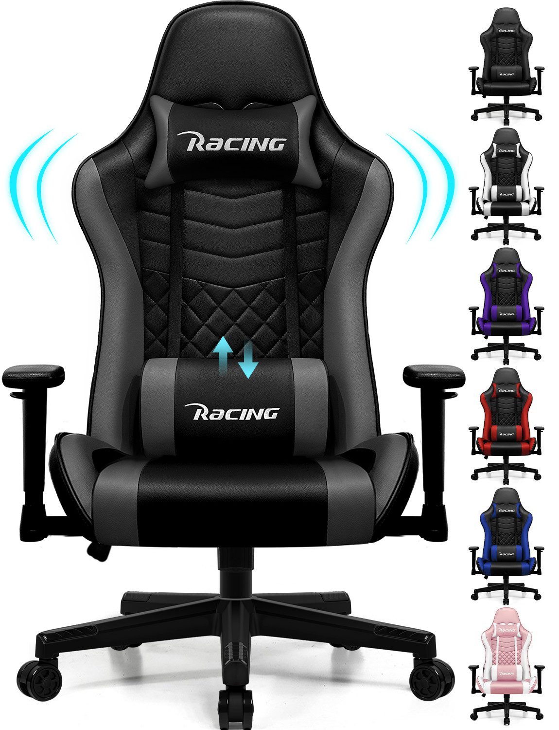 Hiazurm Gaming-Stuhl Gaming Stuhl, Bürostuhl Ergonomisch, Gaming Chair (Ergonomischer Gamer Stuhl mit Wippfunktion, bis 150 kg Belastbarkeit), Gaming Stuhl Bürostuhl mit Verstellbare Armlehnen, Kopfstütze