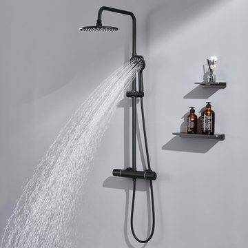 AuraLum pro Duschsystem mit Thermostat Duschset Regendusche Duscharmatur Duschsäule Dusche, höhenverstellbar, Schwarz