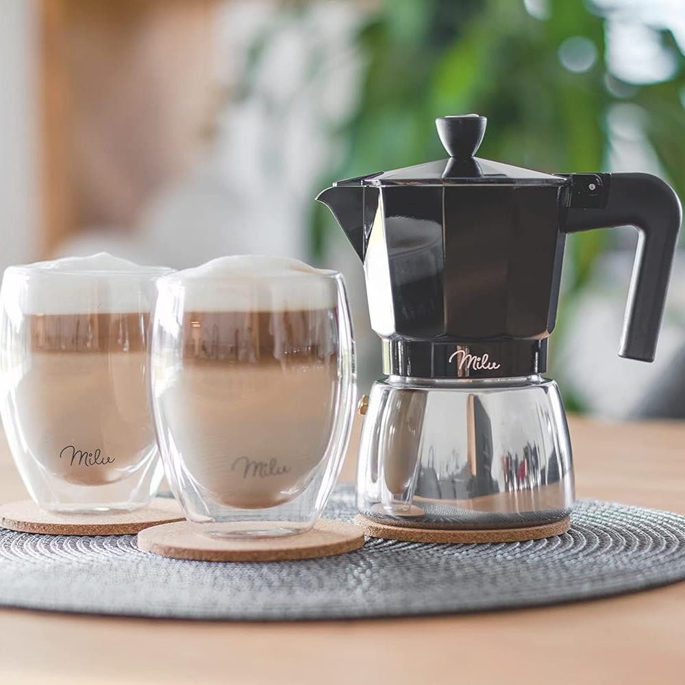 Milu Espressokocher, Espressokocher Induktion Aluminium Edelstahl, Schwarz
