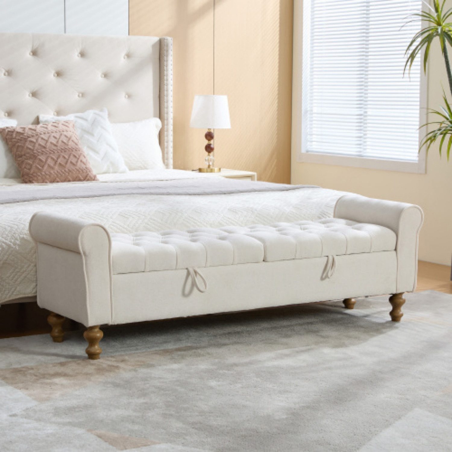 ANYSUN Bettbank Polsterbank mit Stauraum, 2 Klappdeckeln, Armlehnen & Chenille, 156×46×51 cm, bis 158 kg, für Schlafzimmer, Flur & Wohnzimmer