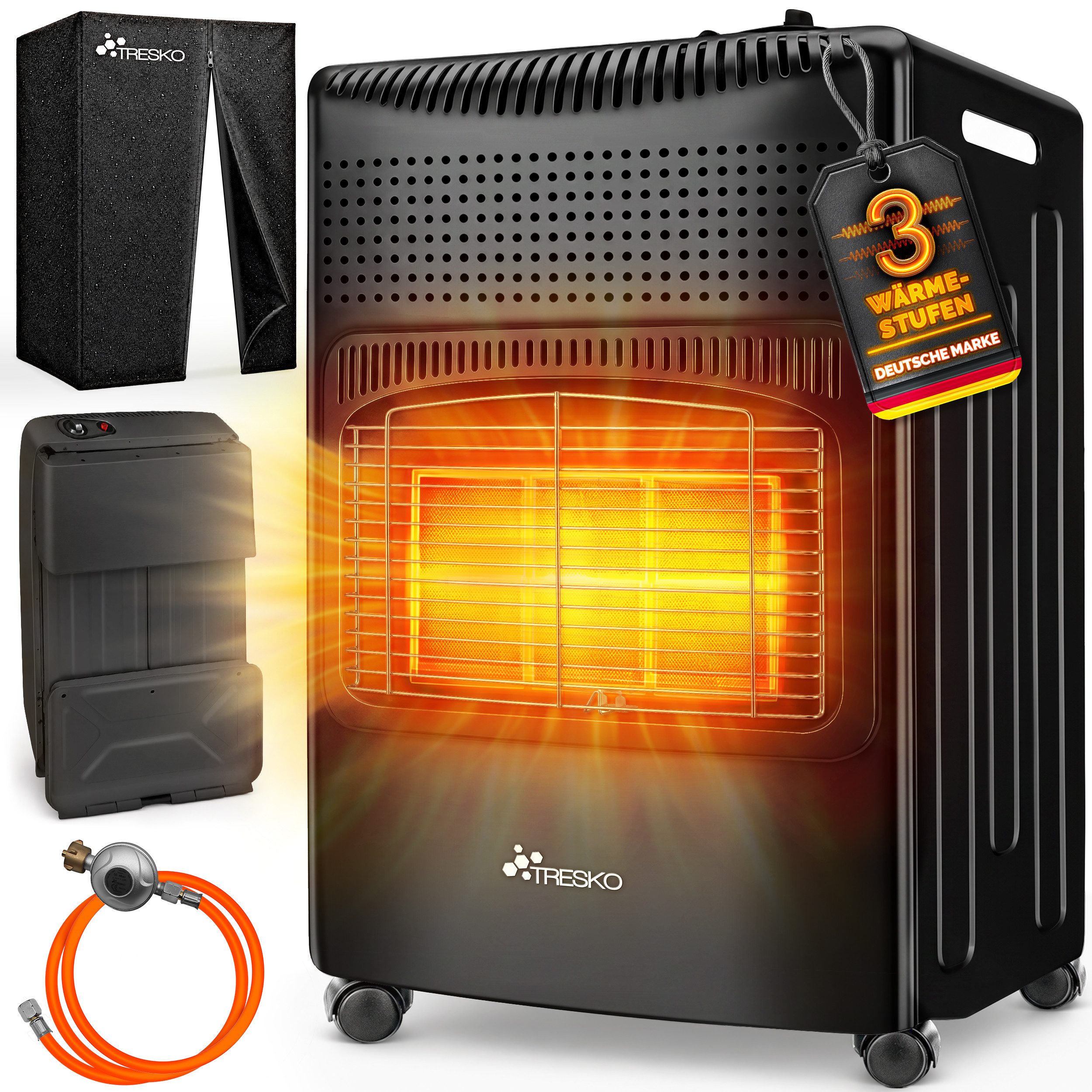 TRESKO Heizstrahler 4200 W Gasheizung + Abdeckung Gasheizer 3 Stufen Gasofen Gasheizofen