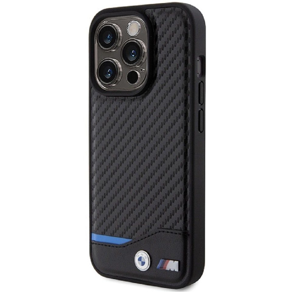 BMW Handyhülle Case iPhone 15 Pro Leder Tricolor schwarz Carbon 6,1 Zoll, Kantenschutz