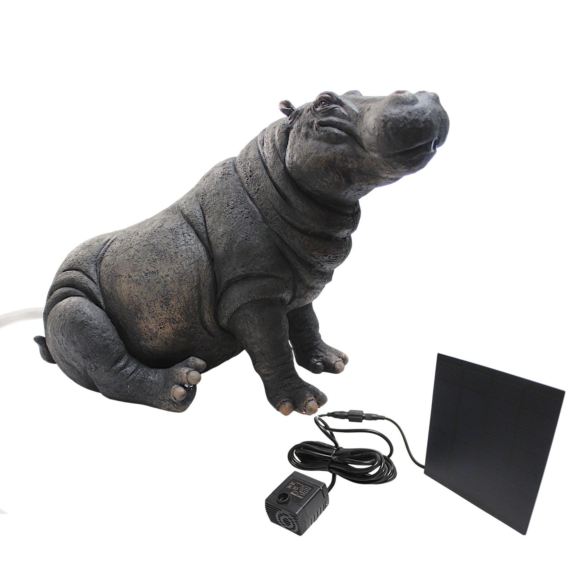 Arnusa Wasserspeier Solar Wasserspiel Nilpferd Hippo 34 cm Teichfigur mit Pumpe, Solar-Springbrunnen Gartenfigur Tierfigur Gartendeko