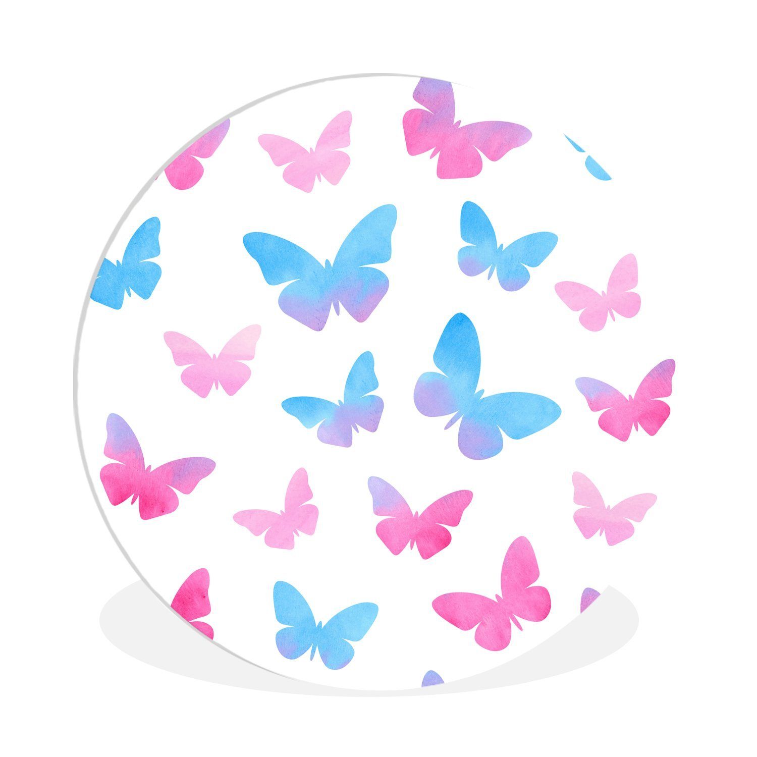 blauen Forex, 30x30 Wanddekoration Kreis St), (1 Schmetterlingen, Illustration Wohnzimmer, Wandbild, und Gemälde cm MuchoWow Rundes rosa von Eine