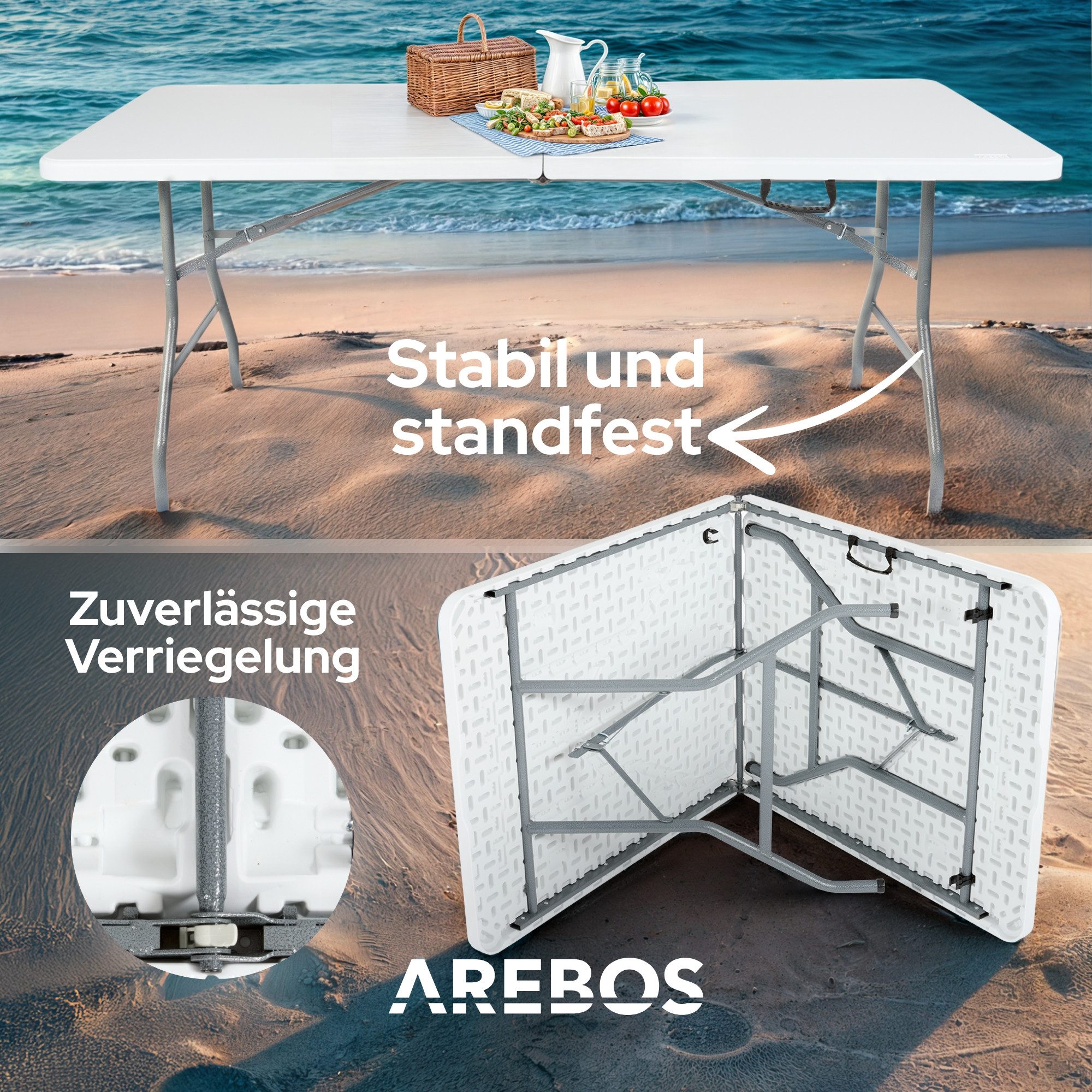 Arebos Klapptisch 182 cm, klappbar für Garten, Camping, Buffet, bis 150 kg, Einfach auf- und abzubauen – keine Werkzeuge nötig