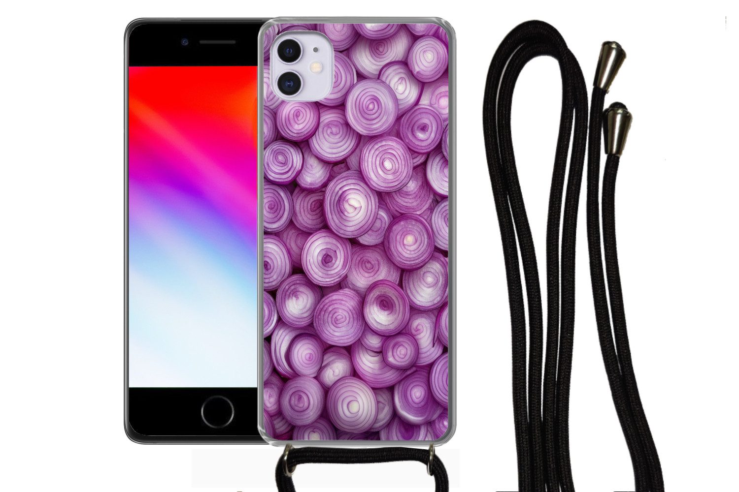 MuchoWow Handyhülle für Apple iPhone 12 Mini Lila - Zwiebeln - Nahaufnahme, Tragbare Handyhüllen mit Kette zum umhängen, Handykette Handyband