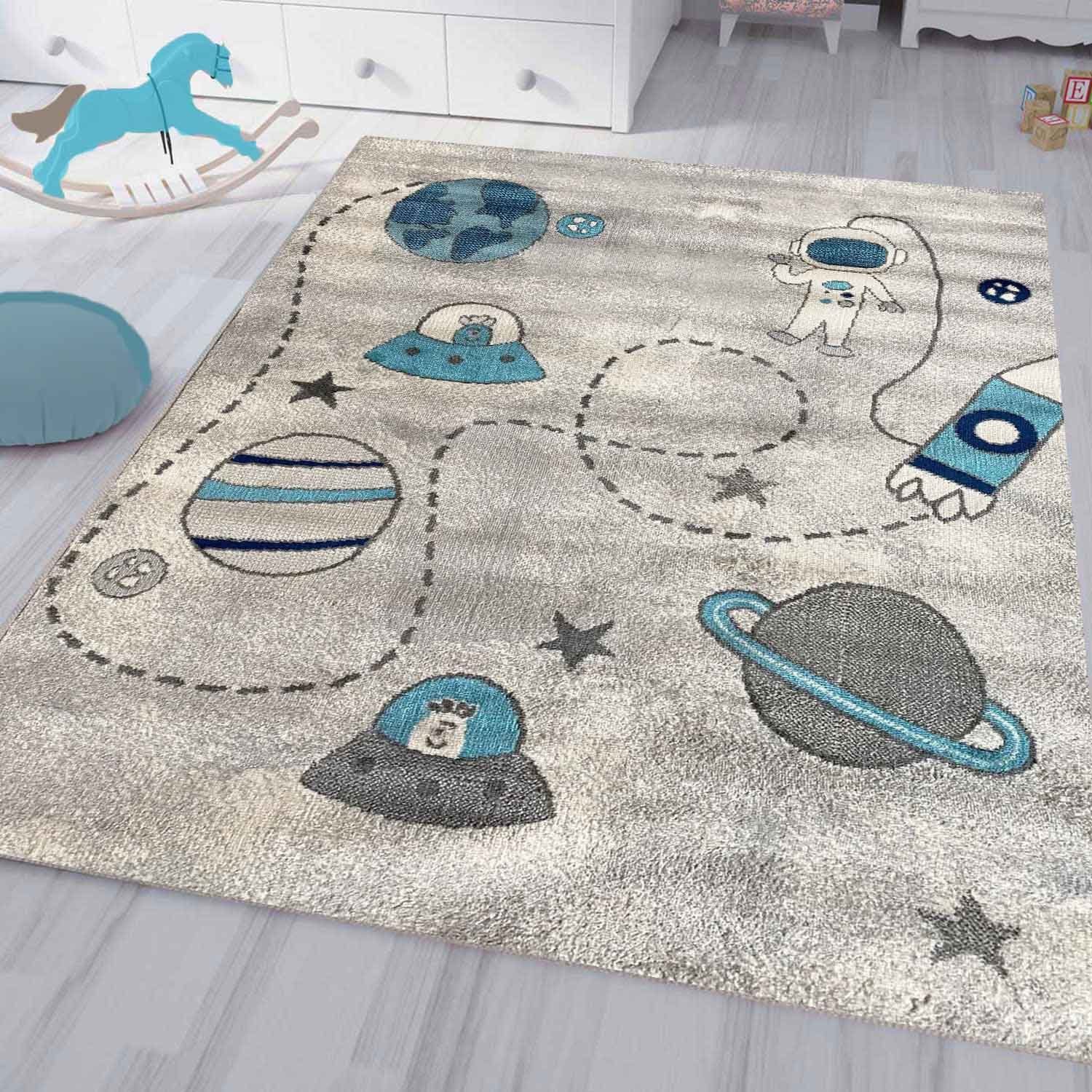 Vimoda Kinderteppich Astronaut in Grau und Blau, Rechteckig, Läufer mit Weltall Muster, Mond, Kinderzimmer, Spielzimmer