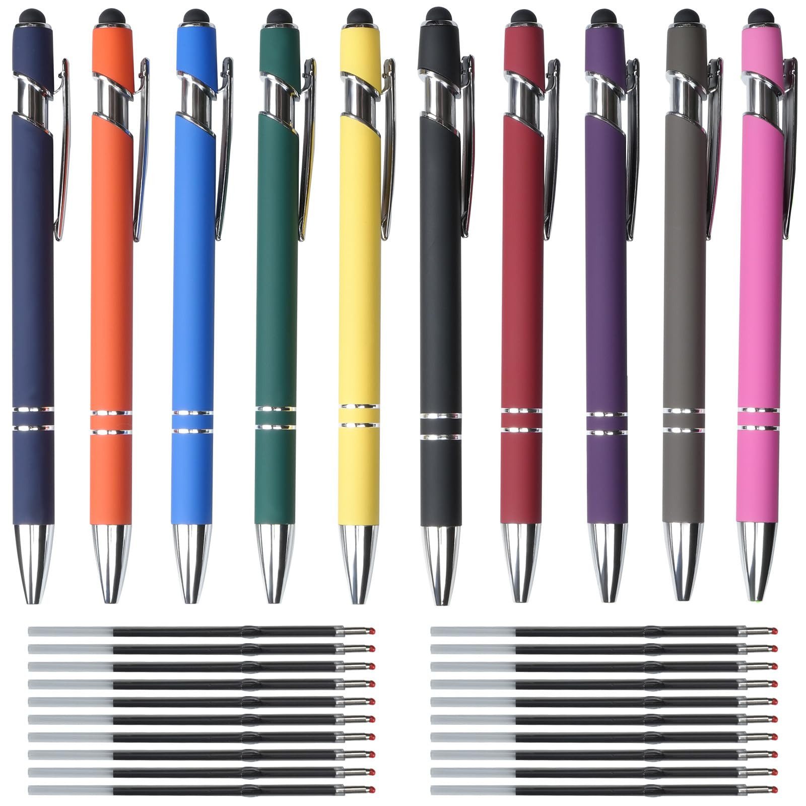 FOUORTUNATE-BEE Kugelschreiber Kugelschreiber Set 10 Stifte mit 20 Minen 2in1 Stift Büro Schule, 2in1 Kugelschreiber Set 10 Stück mit Stylus und 20 Ersatzminen