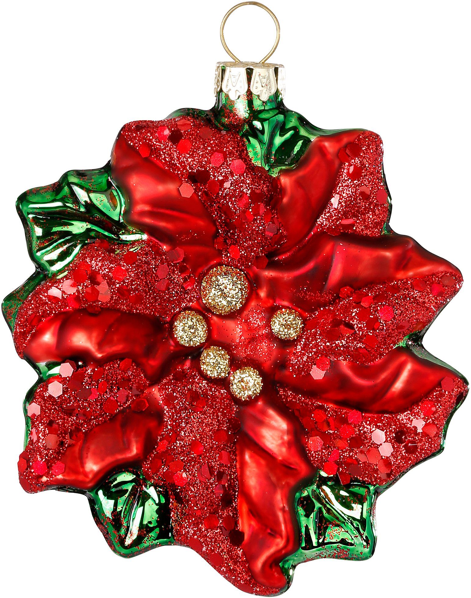 MAGIC by Inge Christbaumschmuck, Christbaumschmuck rot mit Blume 9cm Glas Weihnachtsstern Glitzer
