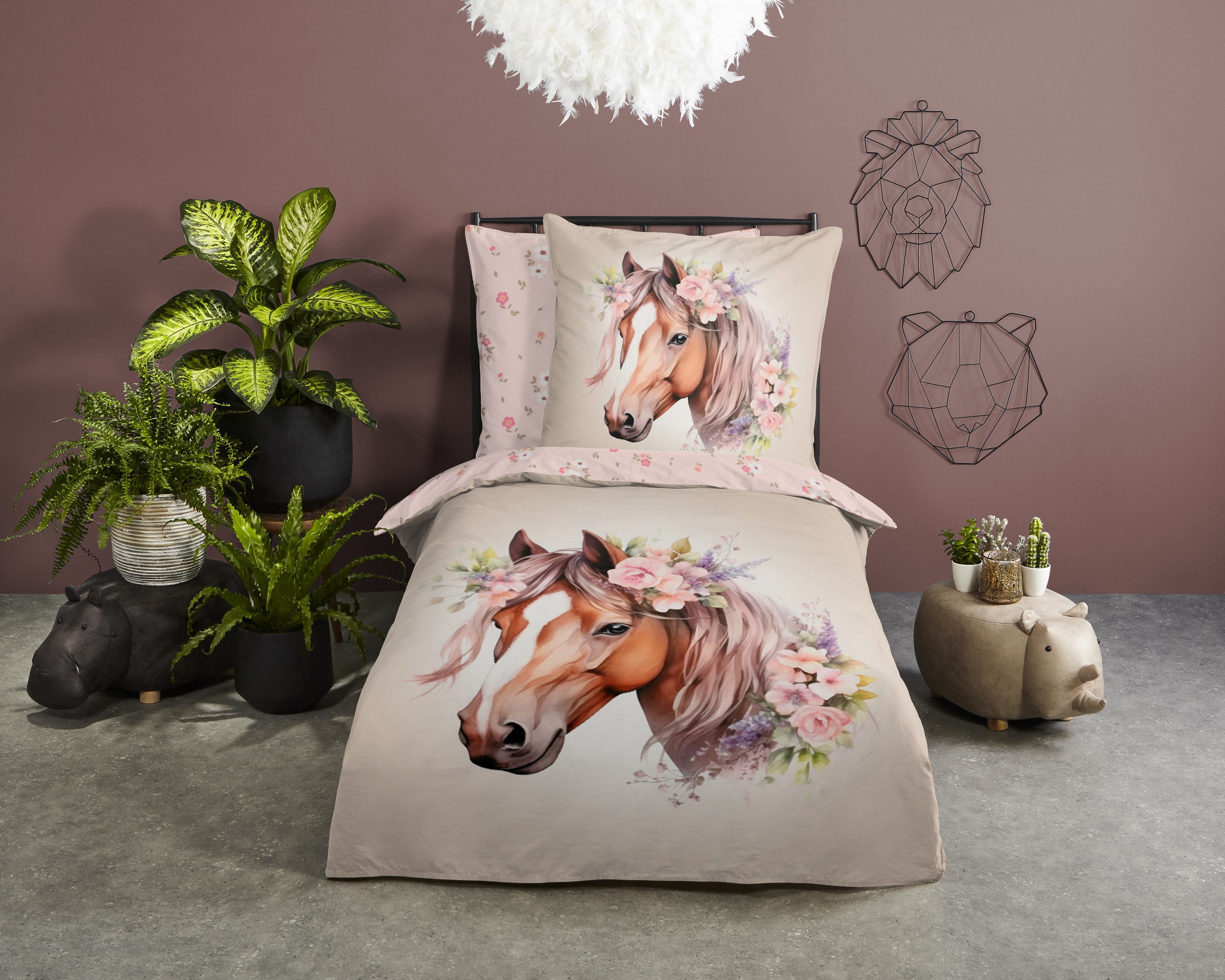 good morning Kinderbettwäsche Avera, Renforcé, 2 teilig, Baumwolle, 135x200, Reißverschluss, Wendeoptik, Mädchen, Pferd, Sand – Bild 2 von 4