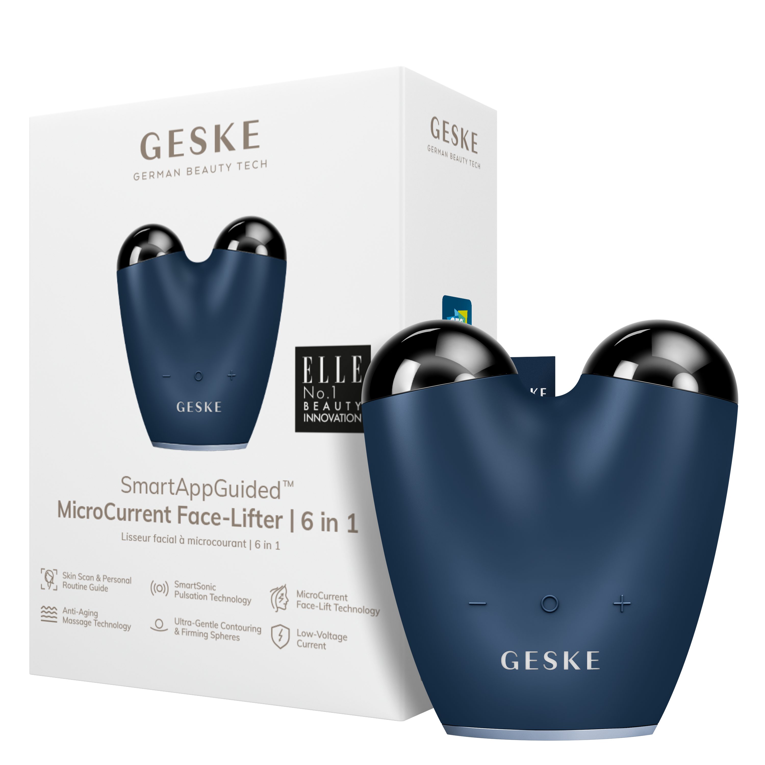 GESKE German Beauty Tech Enhancer SmartAppGuided™ MicroCurrent Face-Lifter 6 in 1, Packung (Gerät & USB-Ladekabel), 2-tlg., Gerät inkl. kostenloser APP (SmartAppGuided Device), Mit der GESKE App erhältst Du deine personalisierte Hautpflegeroutine. Midnight