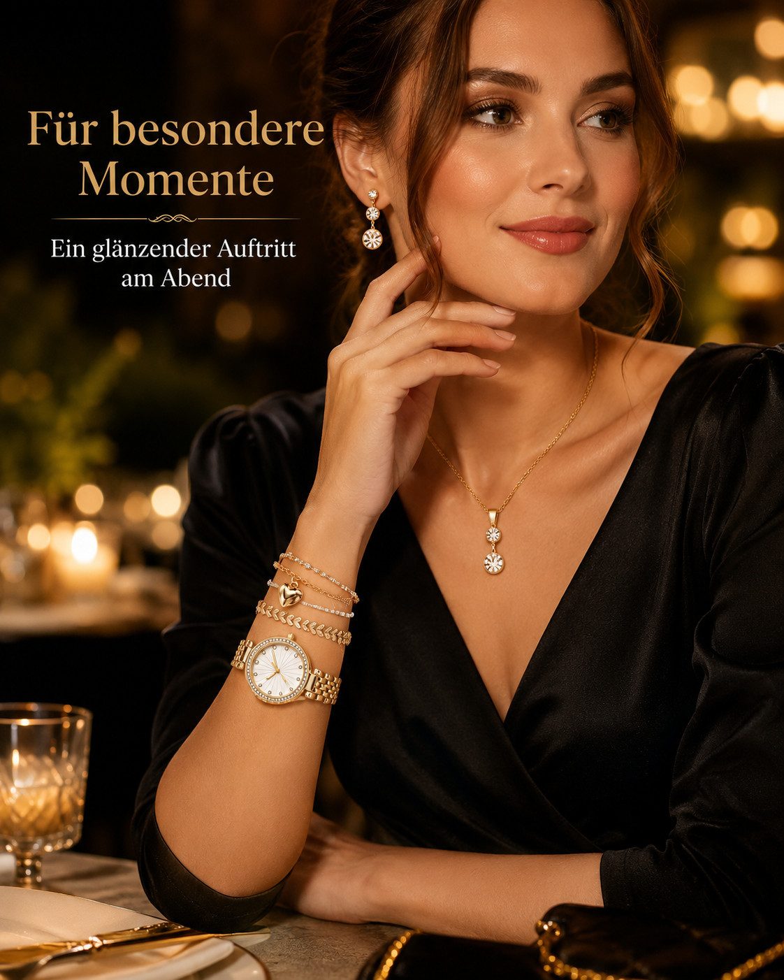 Fyrove Quarzuhr Damen Schmuck-Uhrenset Elegante Geschenkbox – Geschenk für Frauen, (mit Quarzuhr, Halskette, Ohrringen und 3 Armbändern inkl, 7-tlg., Valentinst – Bild 5 von 5