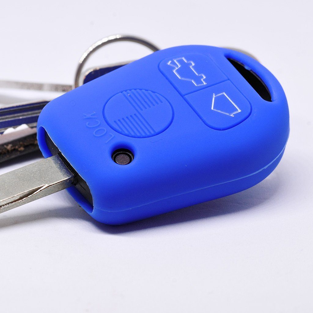 mt-key Schlüsseltasche Autoschlüssel Softcase Silikon Schutzhülle Blau, für BMW E36 E39 E34 E38 3er 5er 7er E32 8er E31 3 Tasten Fernbedienung