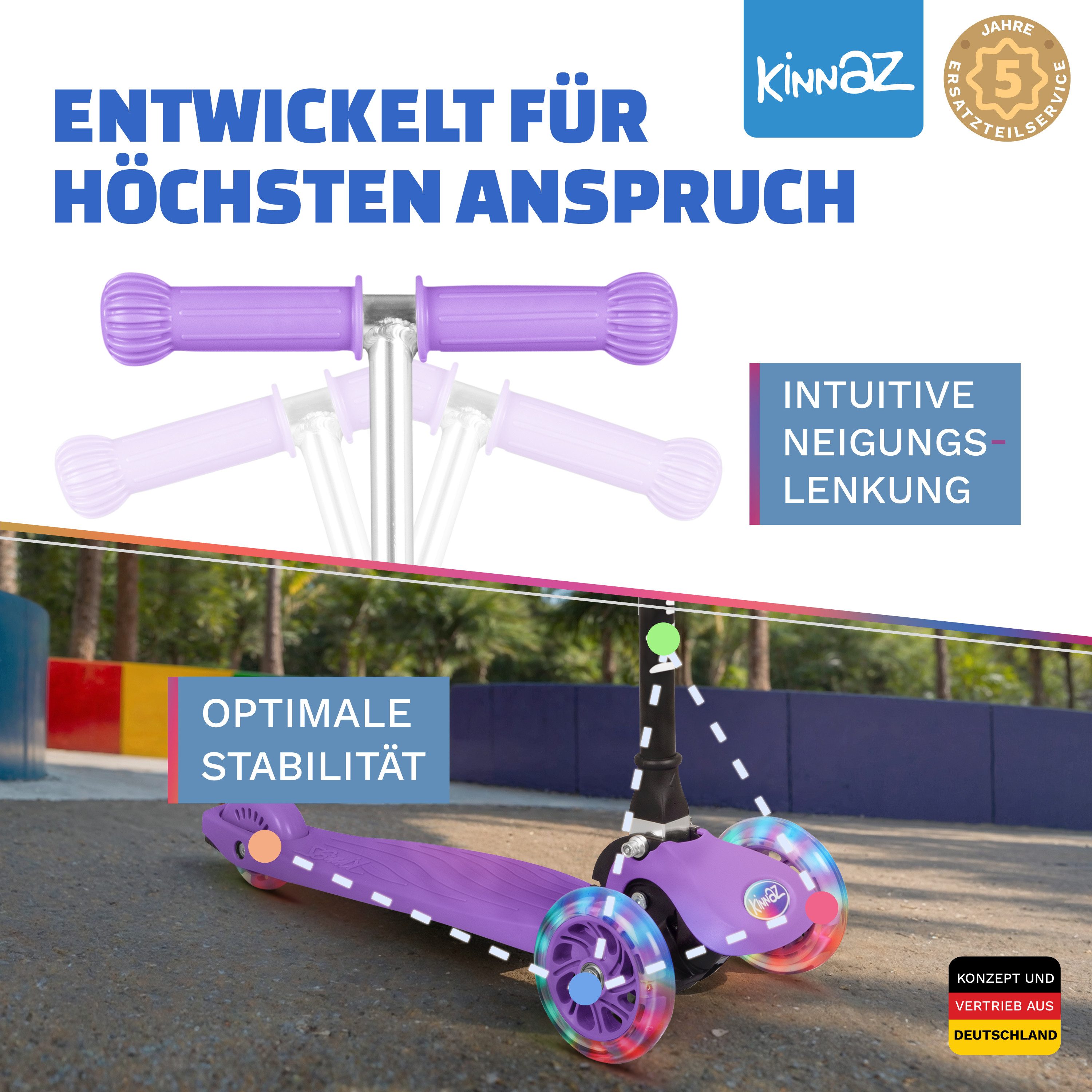 KINNAZ Dreiradscooter ab 2 Jahre LED, faltbar, Höhe flexibel, Kinderoller, Scooter, Roller, (Kinderroller, kinnaz ONE), Händler aus Hamburg – Bild 4 von 5