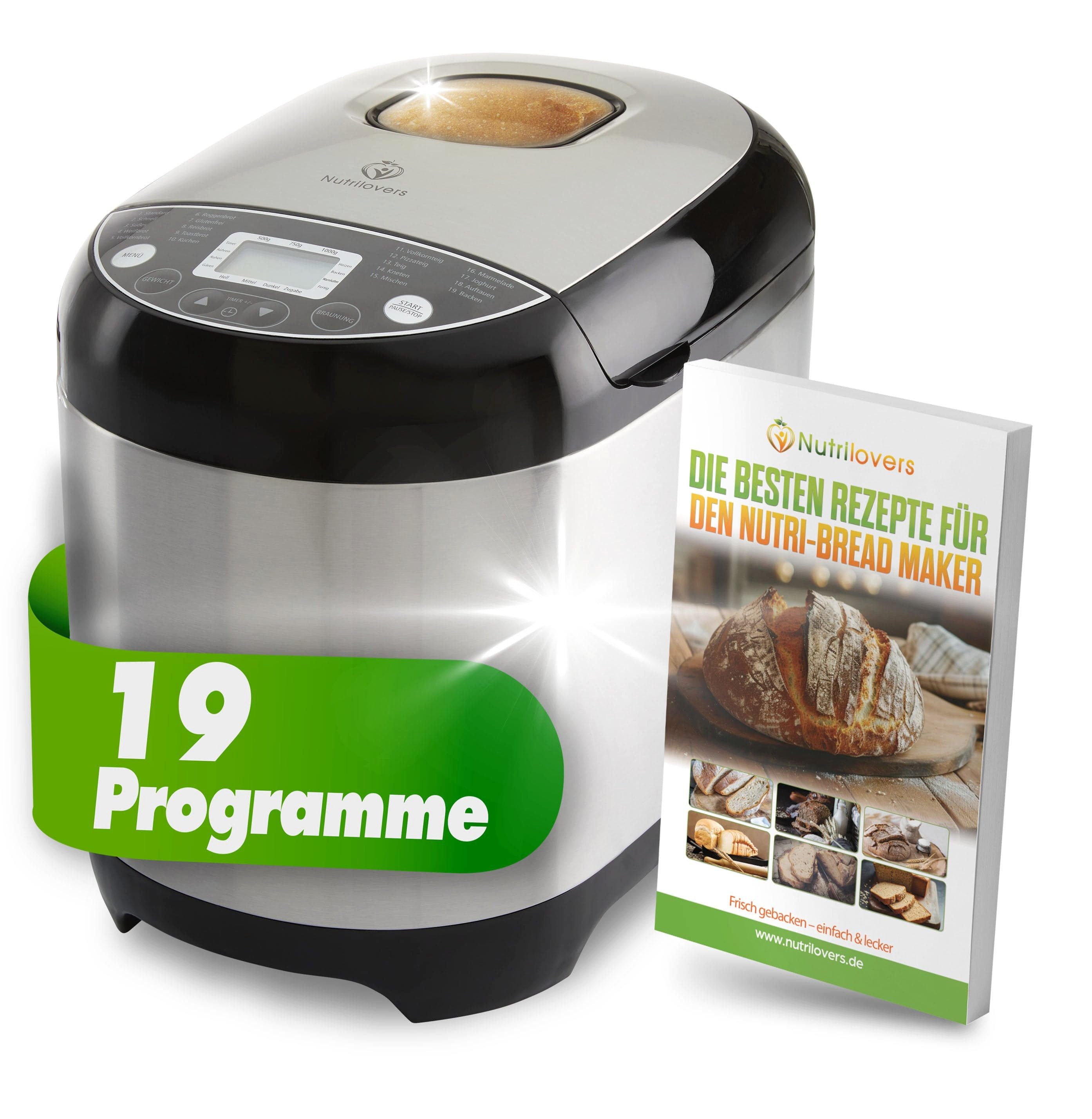 Nutrilovers Brotbackautomat NUTRI-BREAD MAKER Brotbackautomat Edelstahl 19 Programme, 3 Brotgrößen, 19 Programme, 650 W