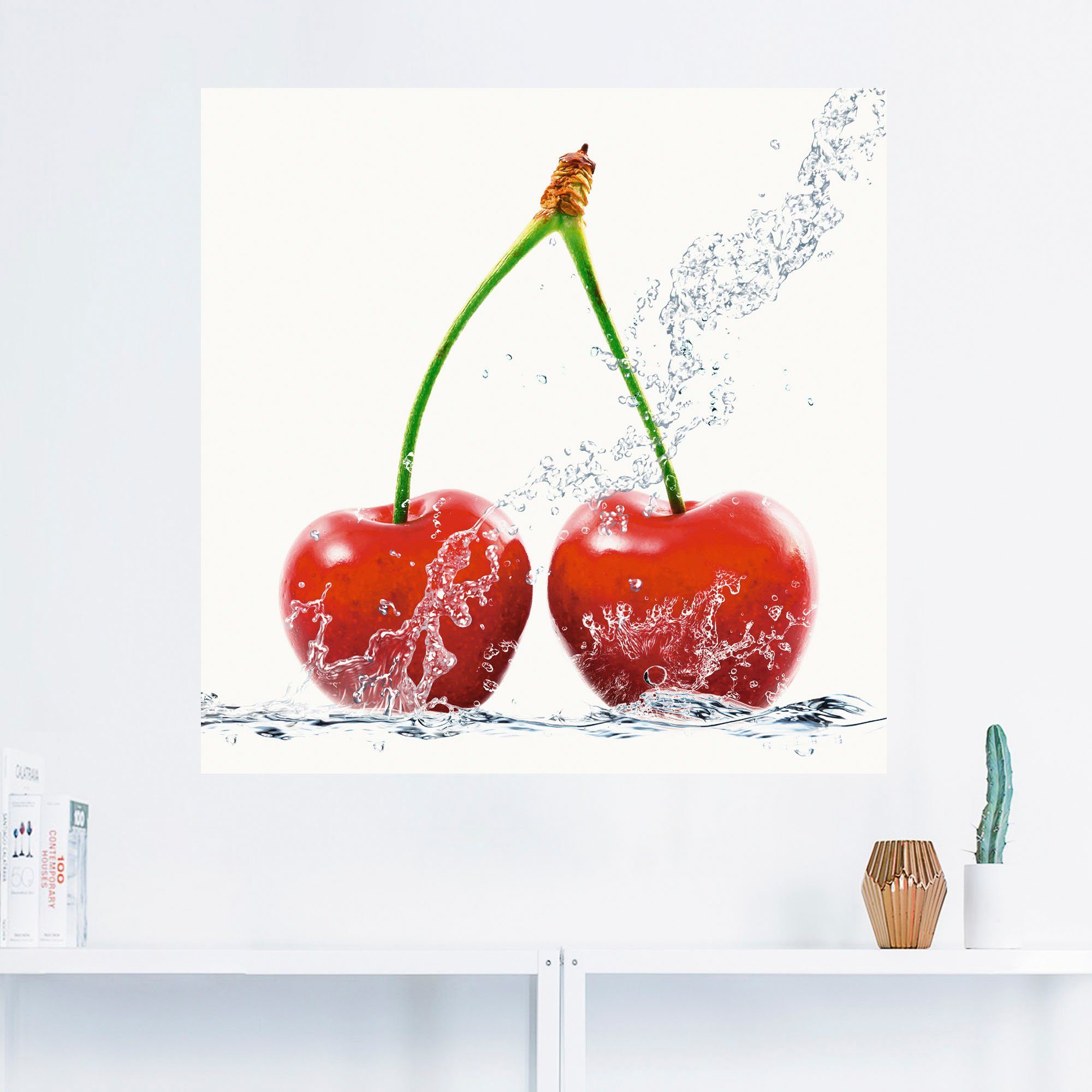 Artland Wandbild Kirschen mit Spritzwasser, oder Poster (1 Lebensmittel Wandaufkleber Alubild, Leinwandbild, Größen St), versch. als in