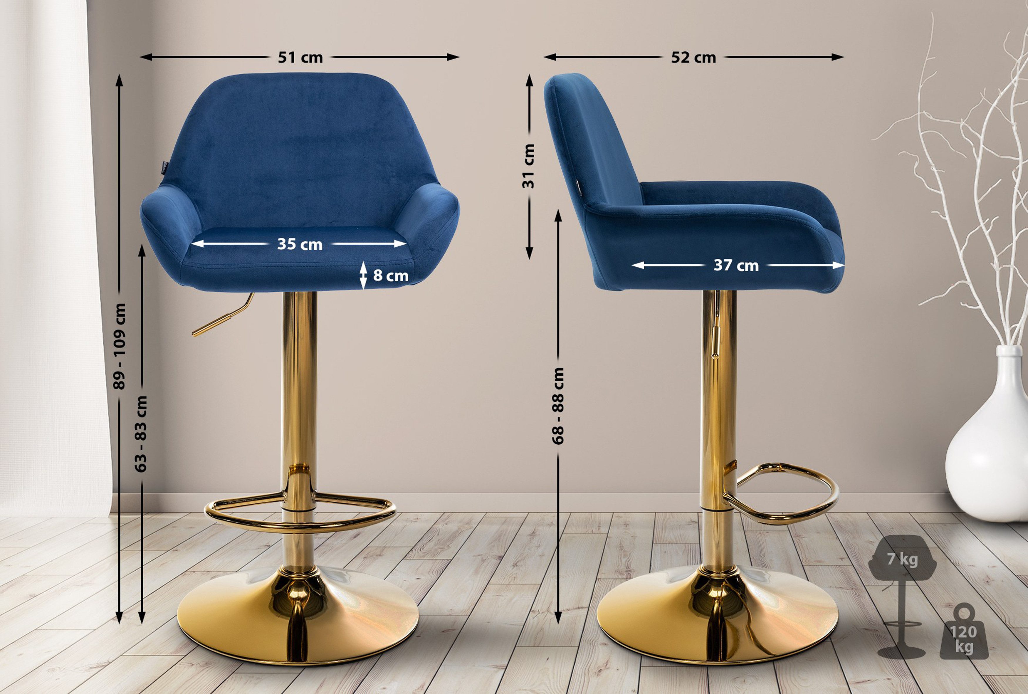 TPFLiving höhenverstellbar (Barstuhl - Hocker für Küche - stabiles Drehgestell), Thekenstuhl mit bequemer Sitzfläche: Samt blau