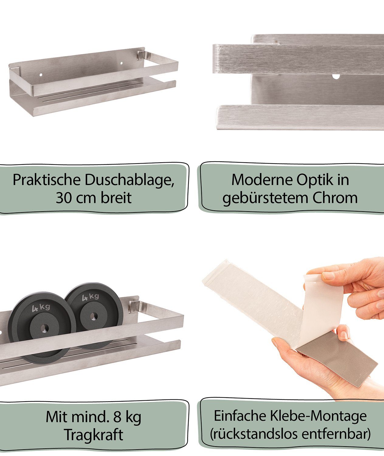 aquaSu Duschablage Schraubmontage, 10 cm, oder x zur Limited, Edelstahl, 1-tlg., Chrom, 870498 30 Klebe