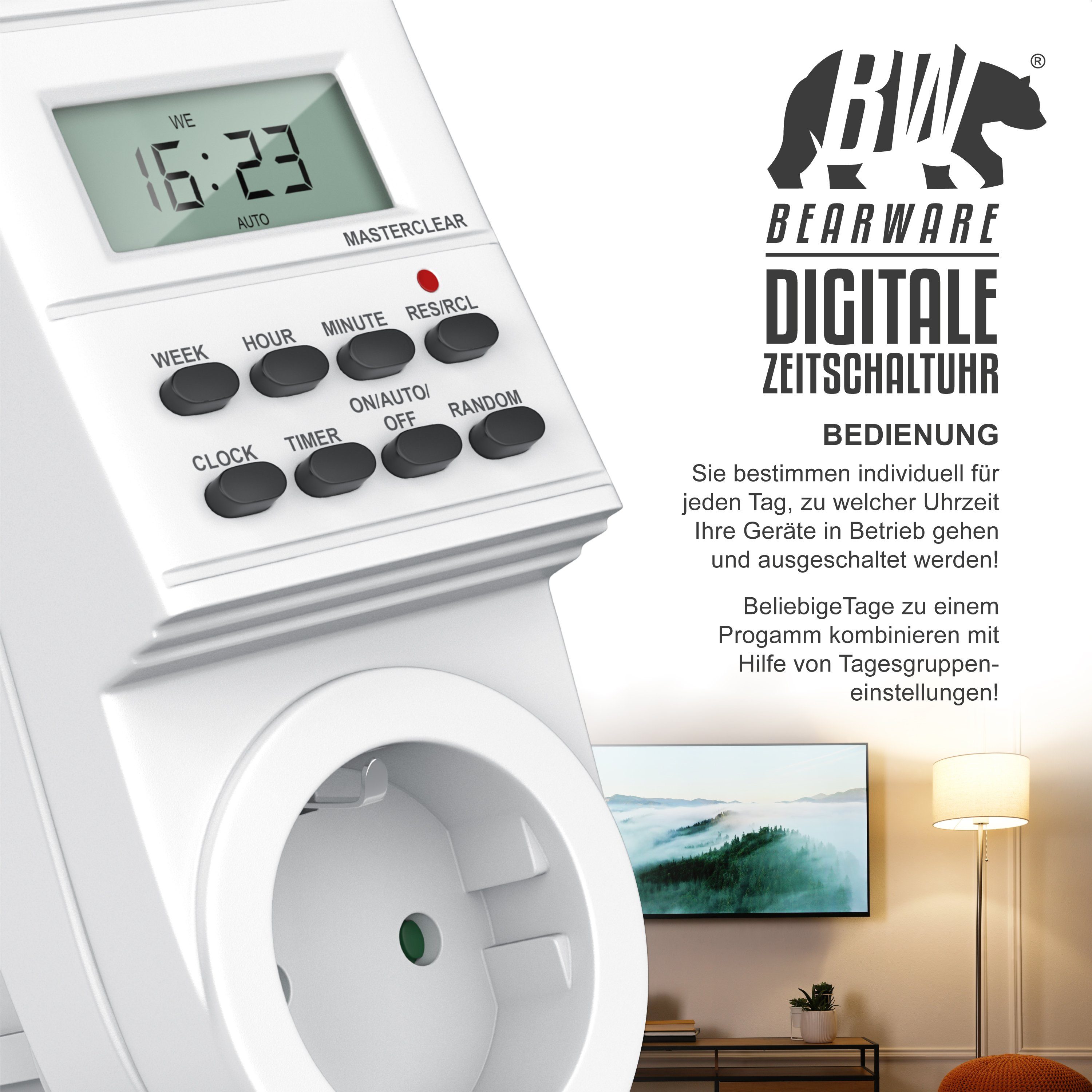 BEARWARE Zeitschaltuhr, 8 Zeitschaltuhr 1,5" digital, Schaltprogramme LCD-Display 1-St., konfigurierbare mit