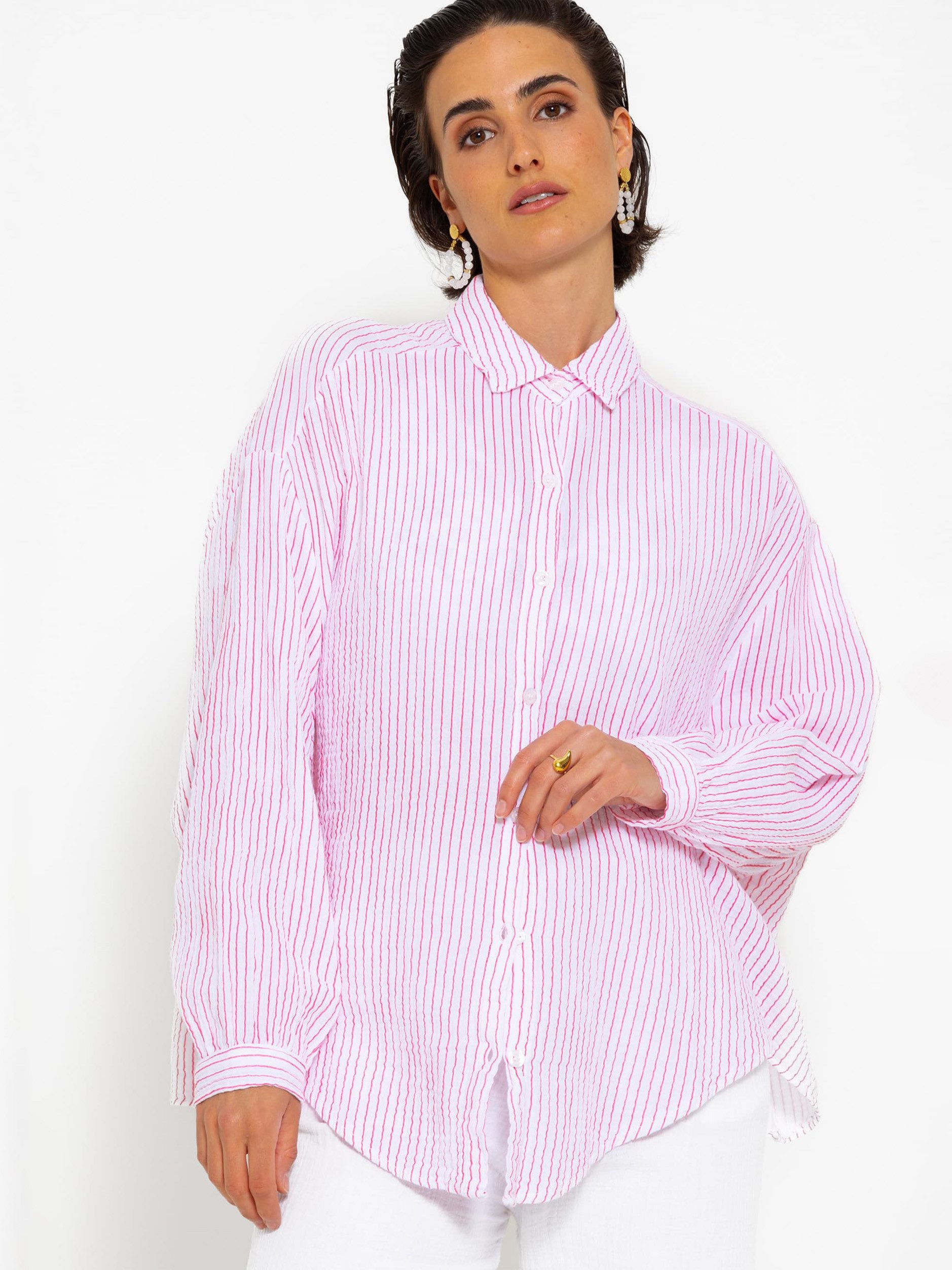 SASSYCLASSY Longbluse Oversize Musselin Bluse Damen Langarm gestreift Hemdbluse lang aus 100 % Baumwolle