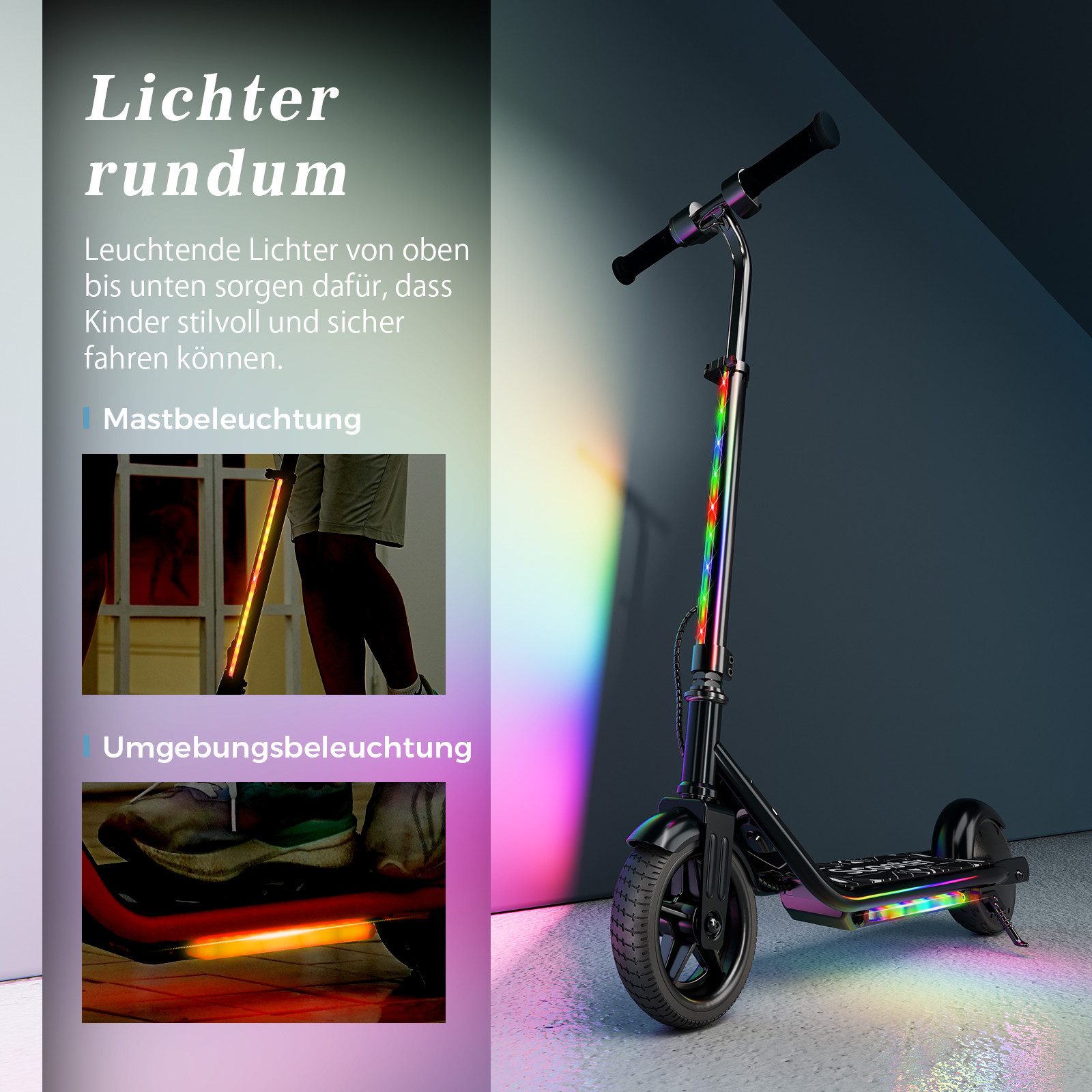 iscooter E-Scooter Kinder Elektroroller,Einstellbare Lenkerhöhe,Doppeltes Bremssystem, (1 tlg), Bunte Lichter, Intelligente LED-Anzeige,Reichweite 9 km