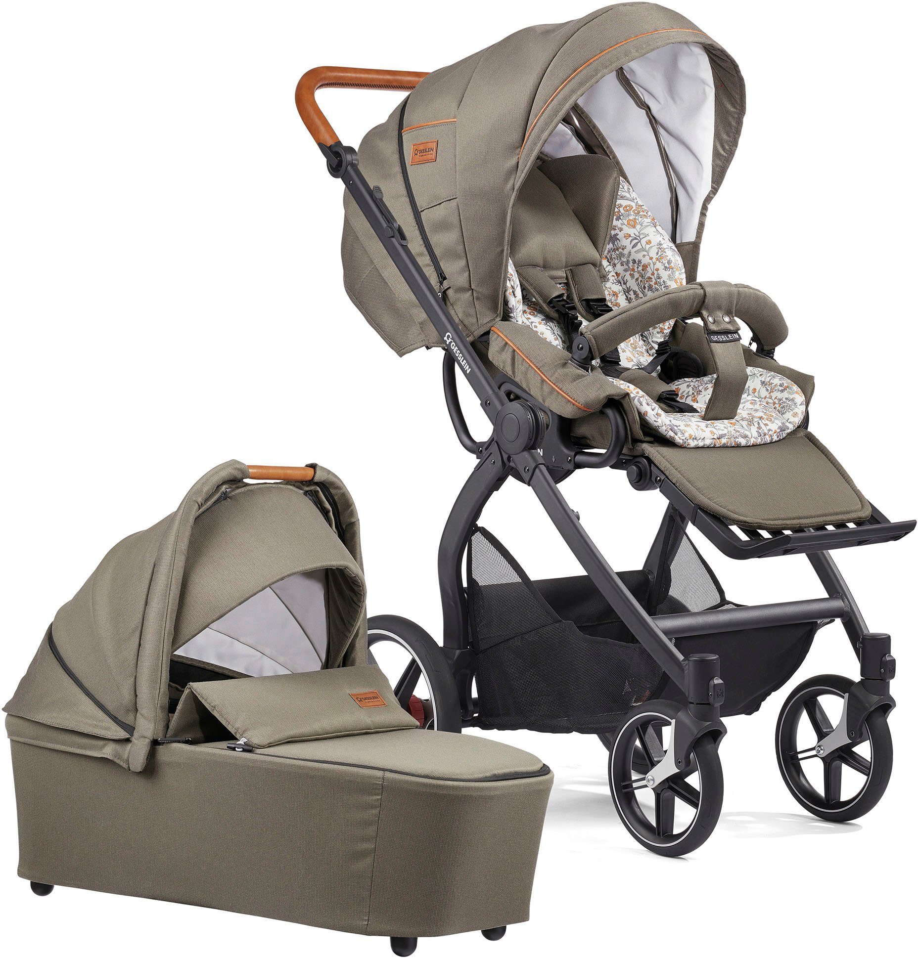 mit Gesslein Babyschalenadapter khaki, Aufsatz schwarz/tabak, Babywanne Classic mit Soft+ FX4 Kombi-Kinderwagen und C3