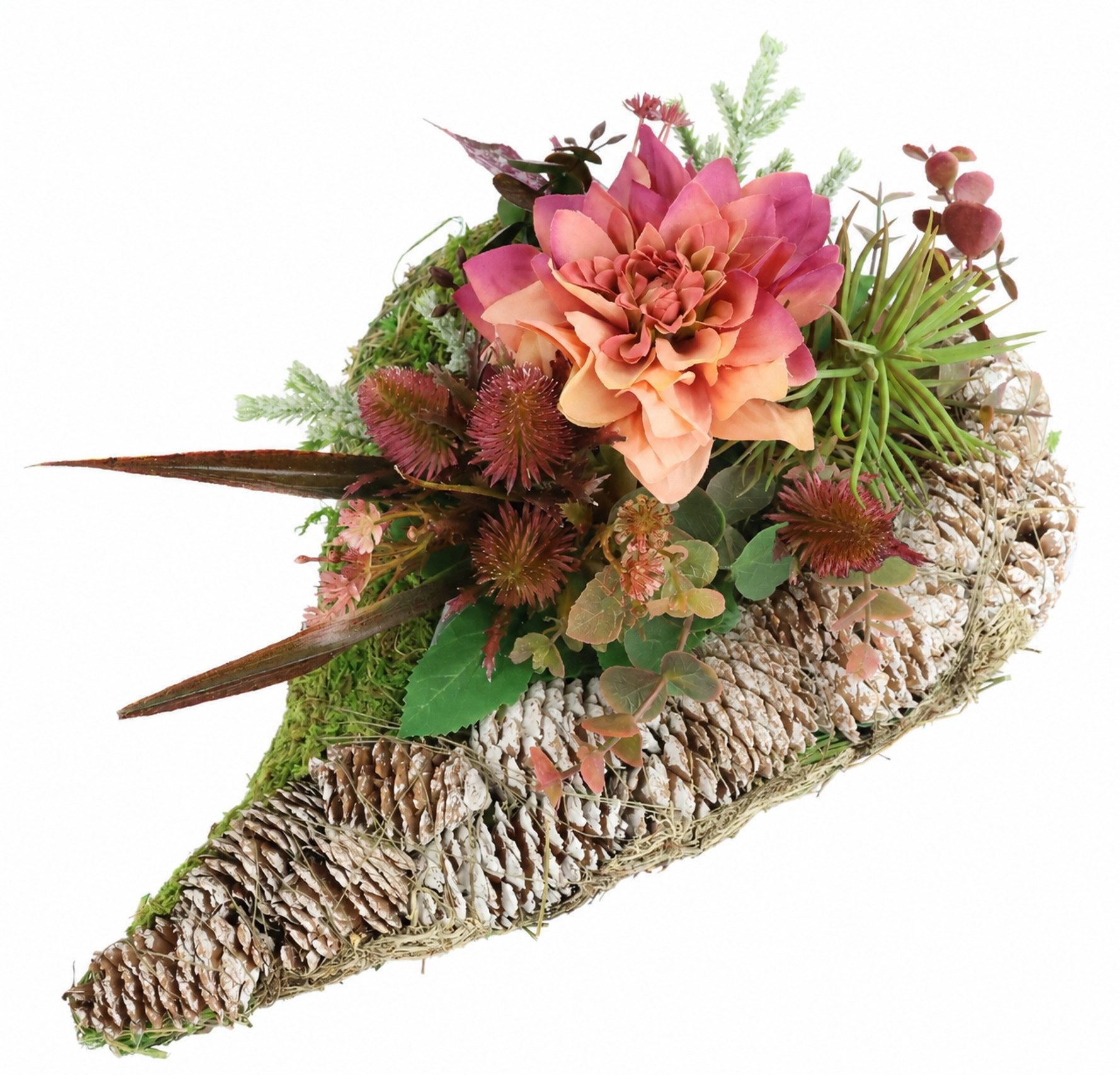 Kunstblume Gesteck mit Dahlie in Herz-Pflanzschale, OTTO home, Höhe 14 cm, Herzdekoration mit Dahlienblüte, Zapfen und Kunstpflanzen