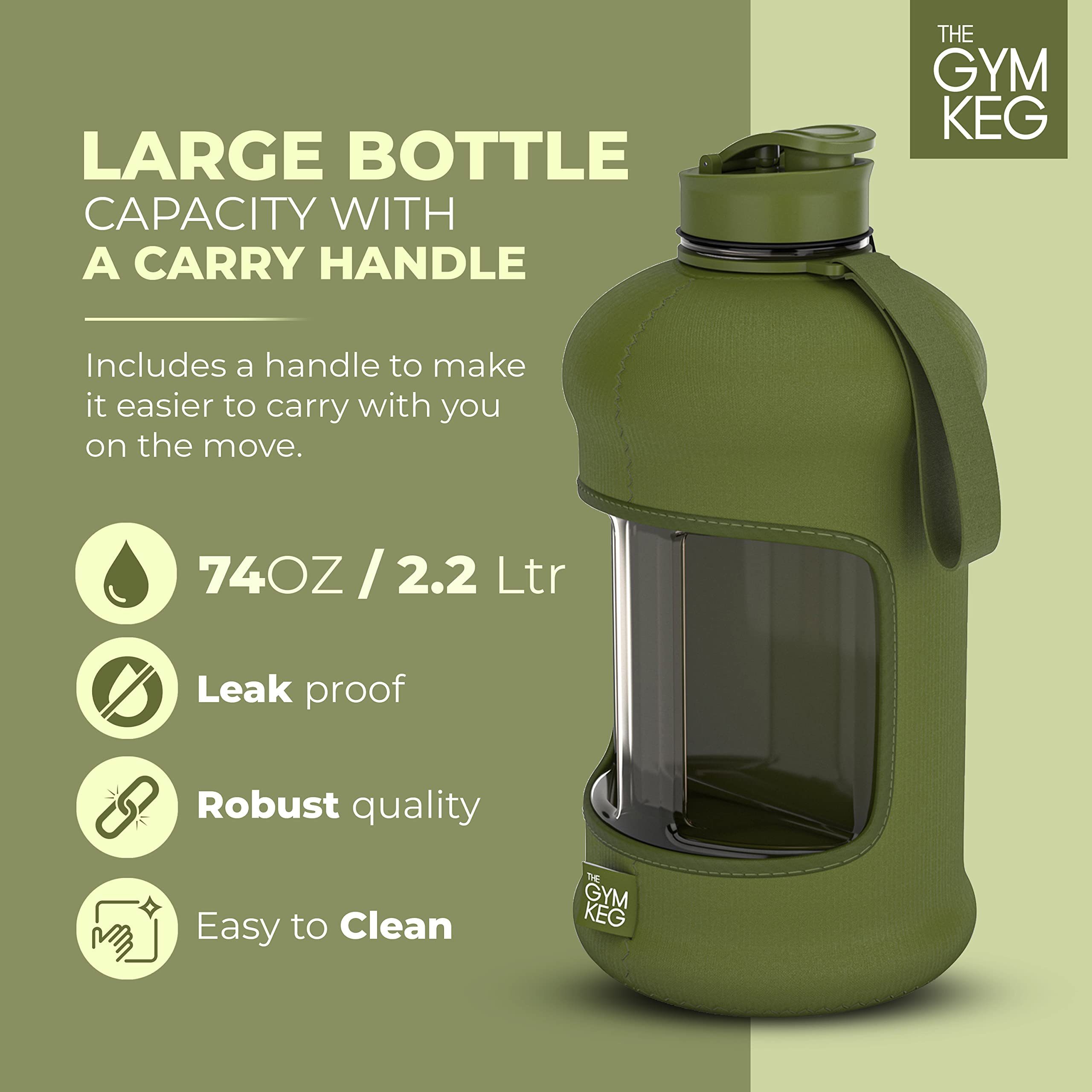 Keg Griff, Green Liter Neoprene The Sleeve Cargo Trinkflasche 2.2L Wiederverwendbar, 2.2 mit Gym Gym und Trinkflasche