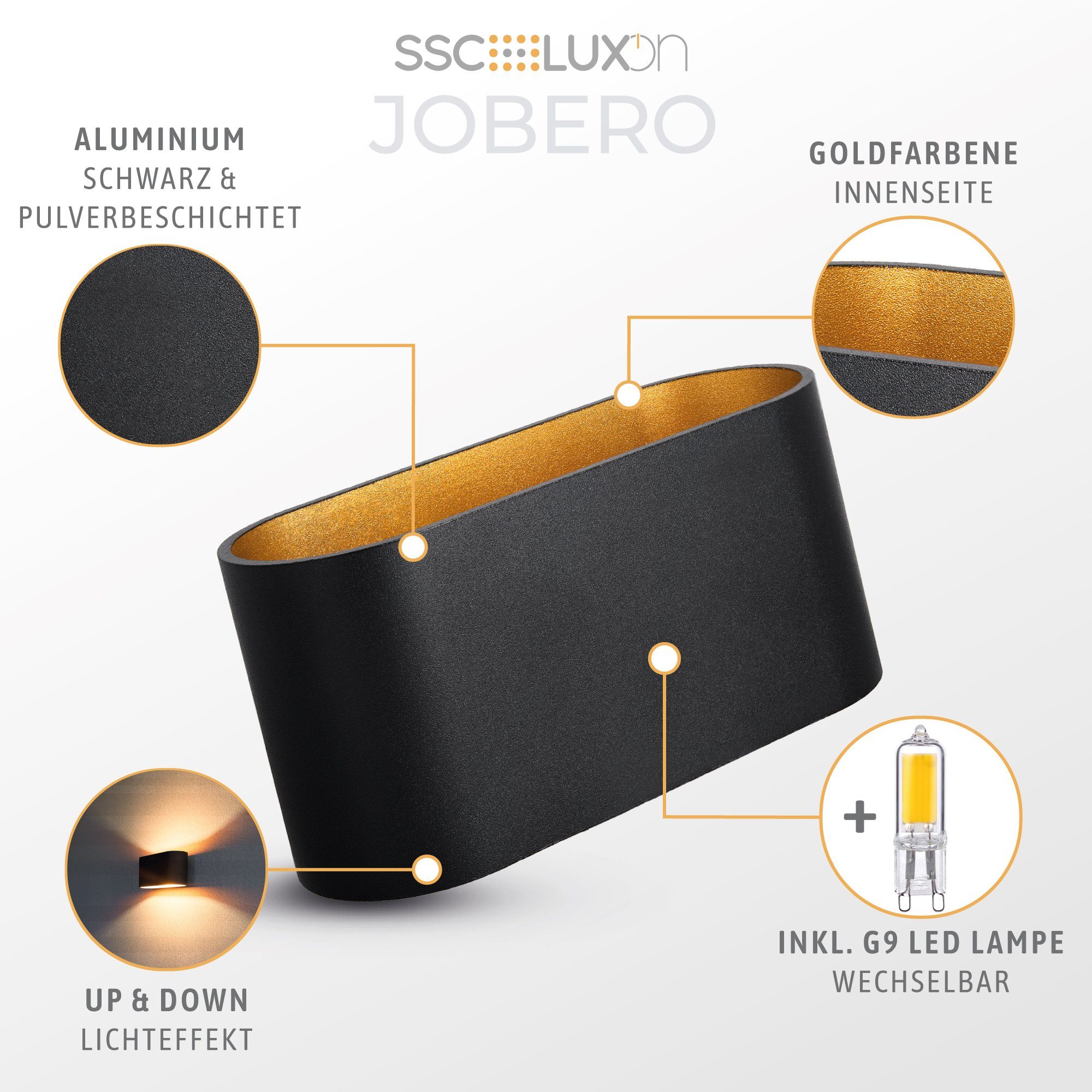 SSC-LUXon G9 Warmweiß LED warmweiß, mit Up Wandleuchte Wandleuchte gold LED schwarz Down JOBERO