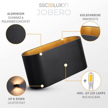 SSC-LUXon LED Wandleuchte Wandleuchte JOBERO schwarz gold Up Down mit G9 LED warmweiß, Warmweiß