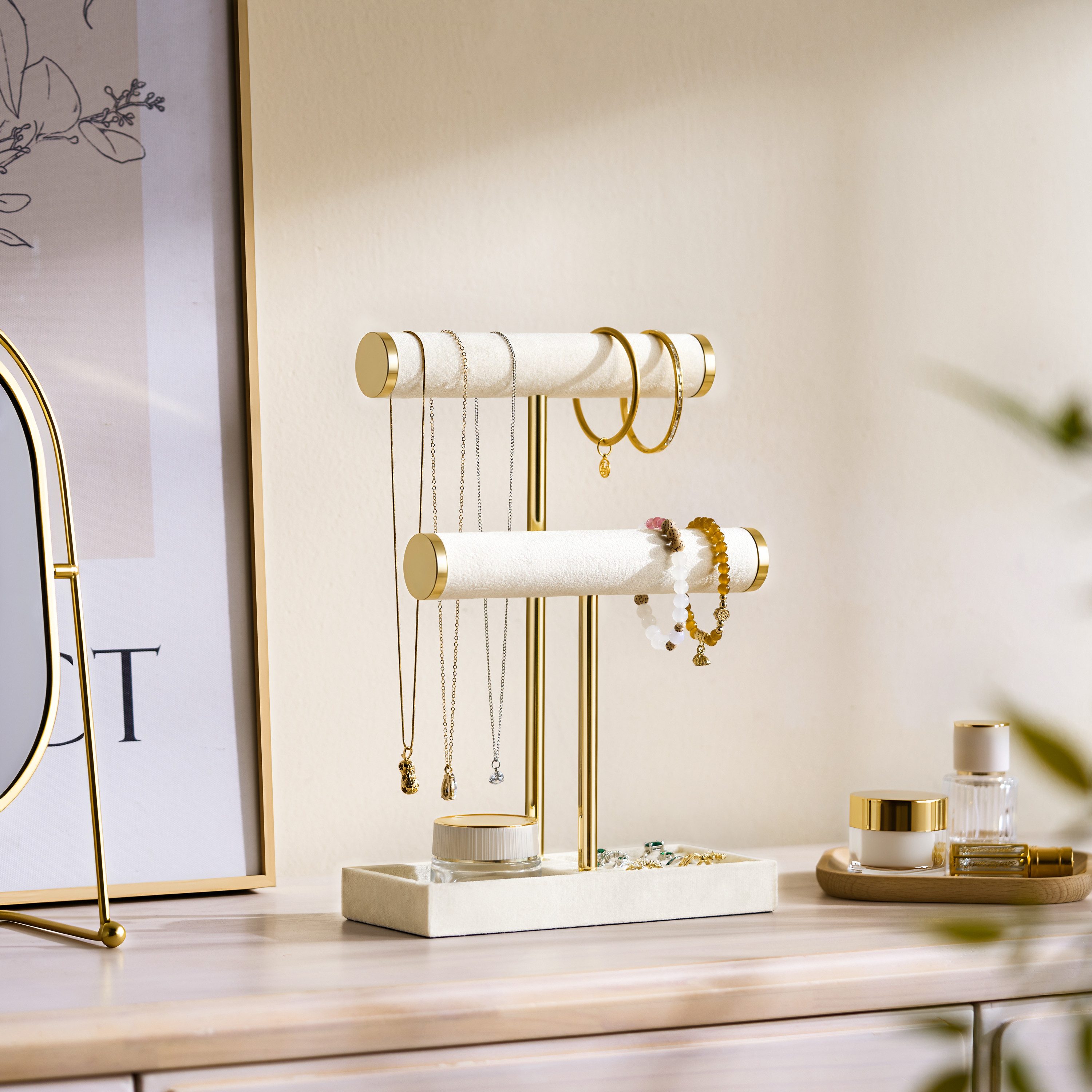 niffgaff Schmuck Etagere 2-stufiger Schmuckständer & Schmuck-Organizer, Samt-Armbandhalter, mit abnehmbarem T-Steg für Ketten, Armbänder, Ringe und Uhren – Bild 5 von 5