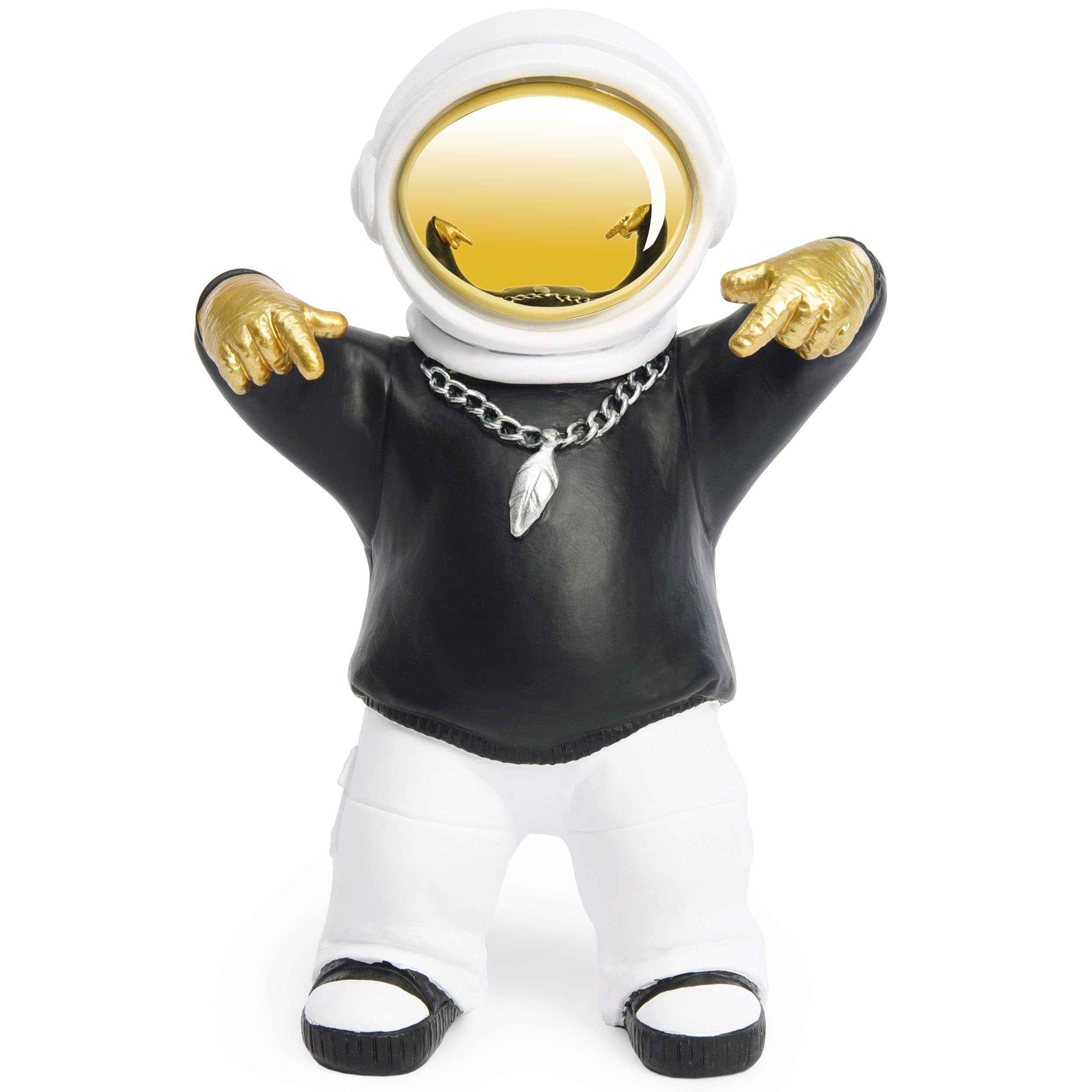 BRUBAKER Dekofigur Astronaut mit schwarzem Hoodie in cooler Pose - 21 cm  Weltraum Figur (Raumfahrt Skulptur, 1 St., Gold, Schwarz und Weiß),  Handbemalte Statue mit verchromtem Helm und silberner Kette