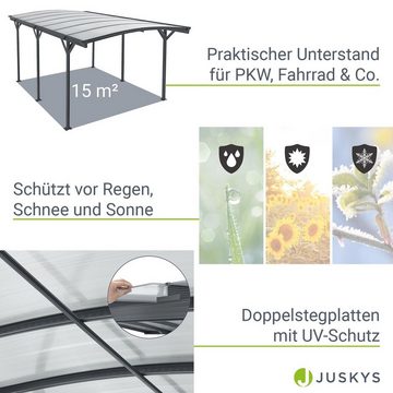 Juskys Einzelcarport Unterstand mit gebogenem Dach 5 x 3 m, BxT: 302x505 cm, 226 cm Einfahrtshöhe, Bogendach mit UV Schutz, hohe Wind und Schneelast