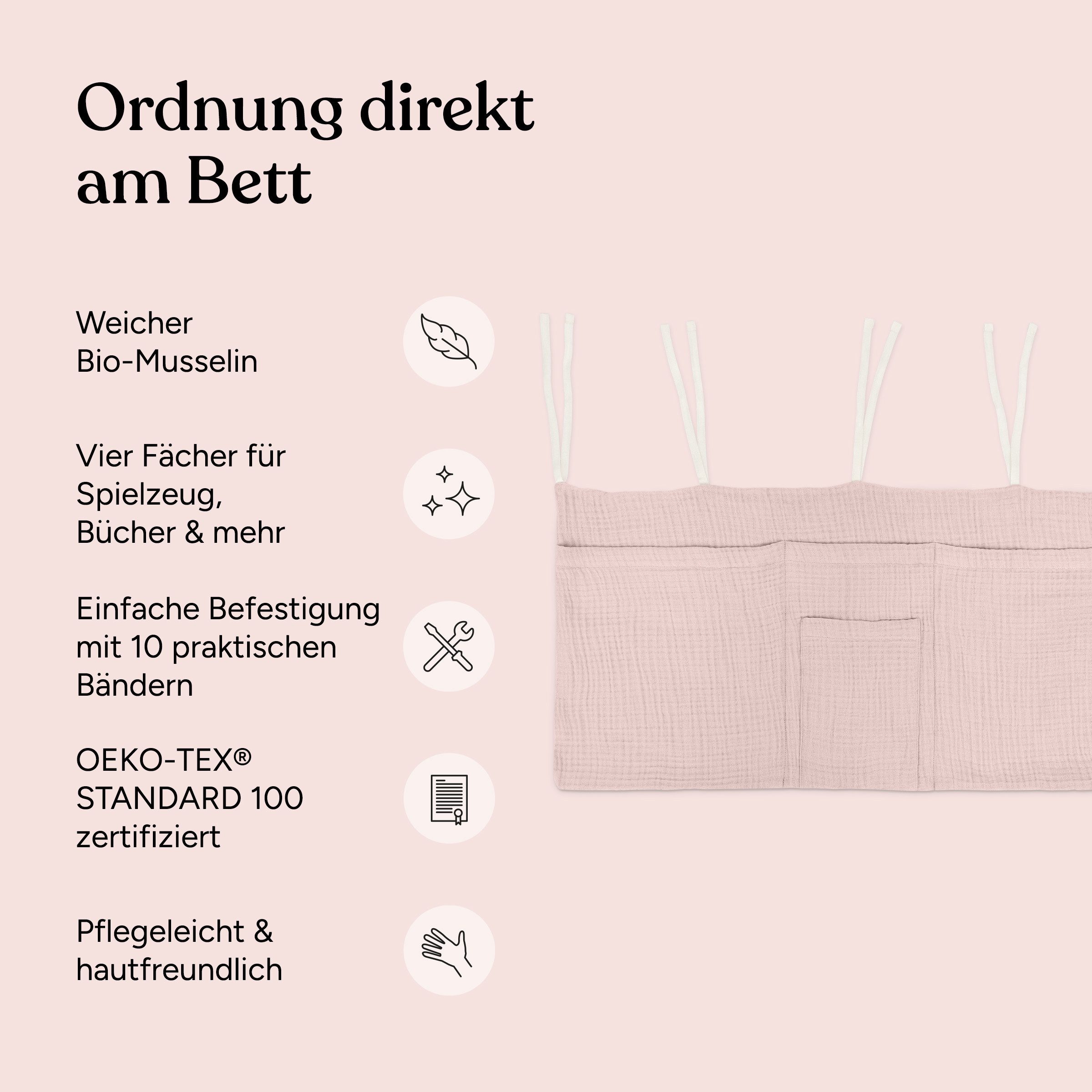 Ehrenkind Hängeaufbewahrung Bett Organizer, Praktische Betttasche für Ordnung am Bett (einfache Befestigung, 4-lagigen Bio-Musselin), Bettaufbewahrungstasche für Bücher & Kuscheltiere