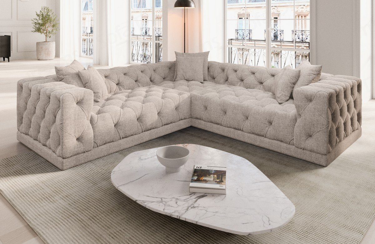 Sofa Dreams Ecksofa Polster Strukturstoff Stoff Sofa Palma L Form Stoffsofa, Loungesofa, Chesterfield Stil beige02