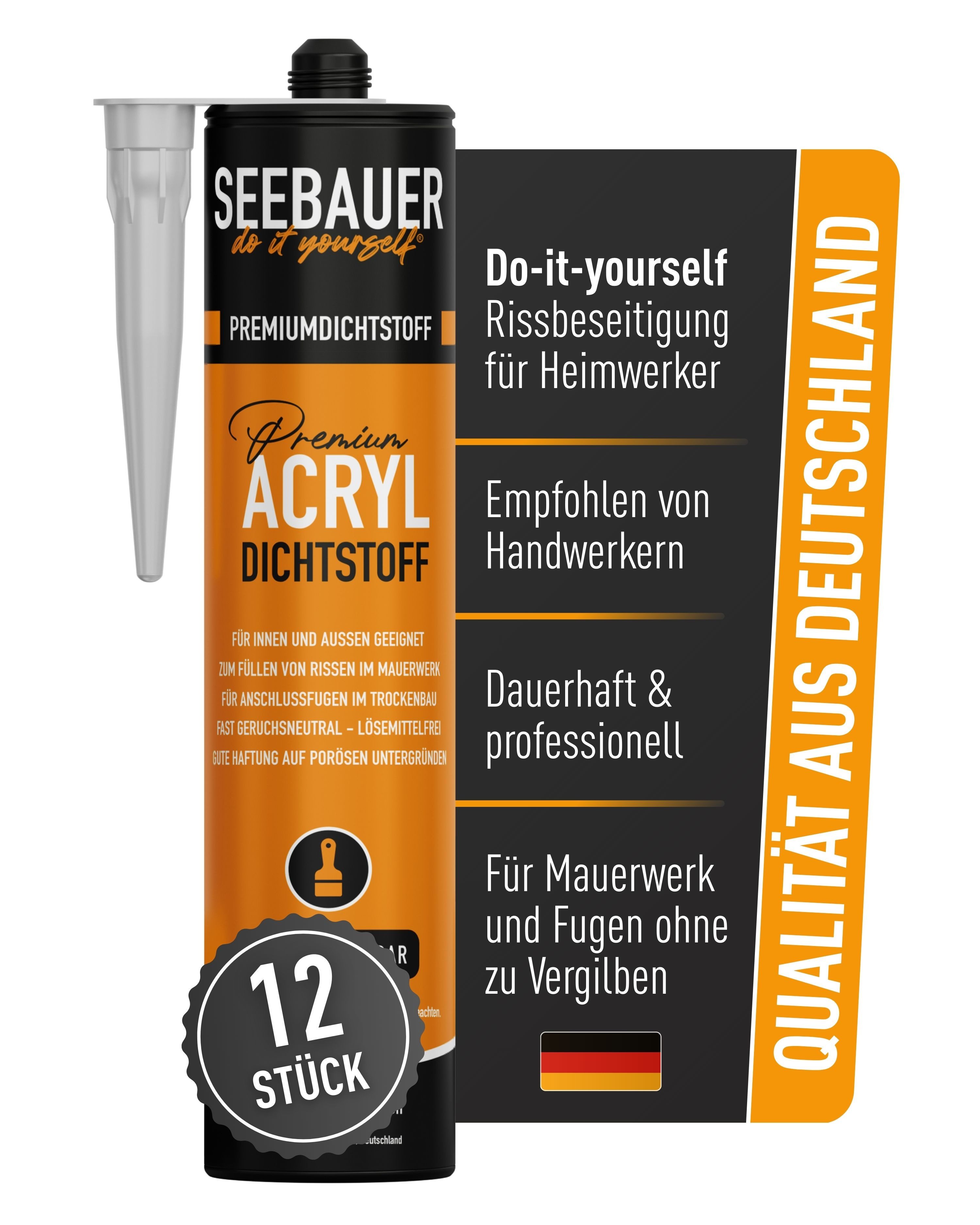 SEEBAUER diy Dichtstoff Premium-Acryl-Dichtstoff, Acryldichtstoff, Gebrauchsfertig, (12-tlg), Hoher Weißgrad, Sehr elastisch, Überstreichbar
