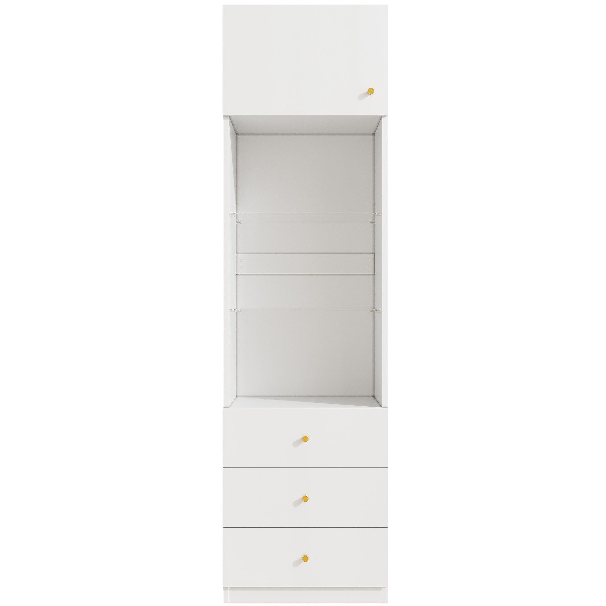 Flieks Hochschrank Bücherregal mit höhenverstellbare Glaseinlegeböden (1-St., 50×40×180 cm) Mehrzweckschrank Standvitrine mit 4 Fächern und Schubladen Weiß – Bild 4 von 5