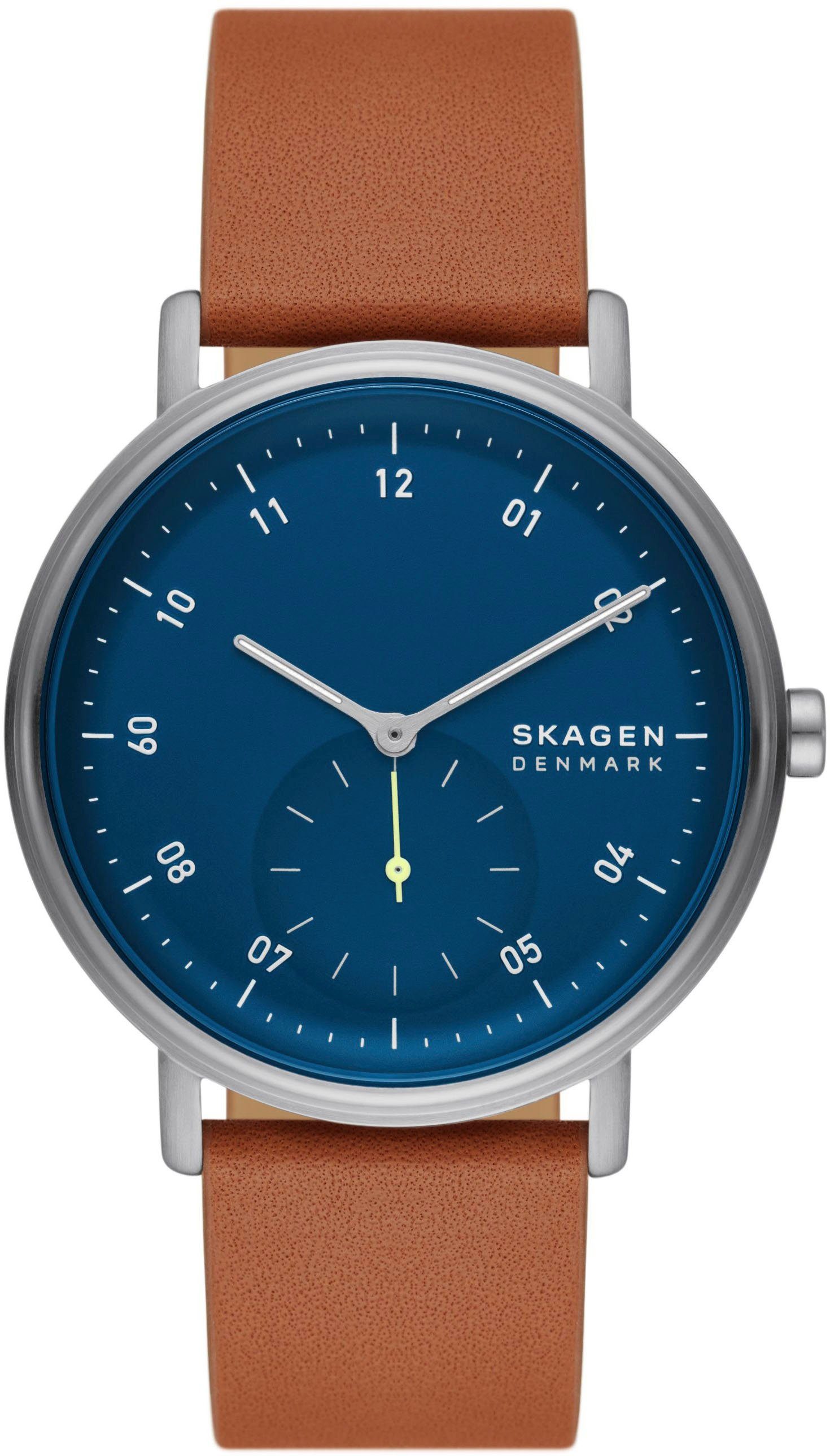 Skagen Quarzuhr KUPPEL, SKW6888, Armbanduhr, Herrenuhr, analog, dezentrale Sekunde, Lederarmband